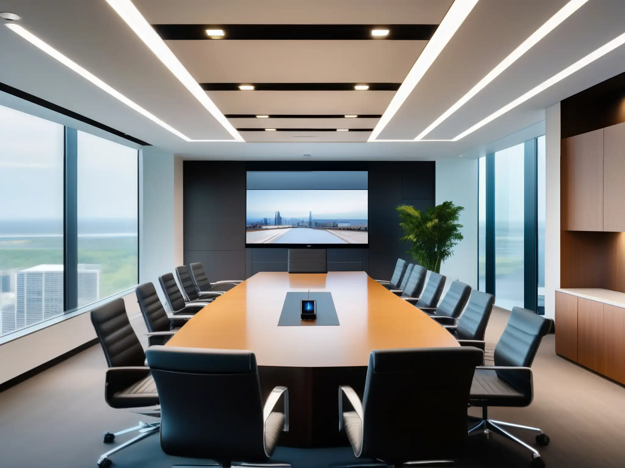 Sala de reuniones moderna con tecnología de videoconferencia integrada Oficina moderna con integración de videoconferencias en CRM, ambiente profesional y sofisticado, bañado en luz natural