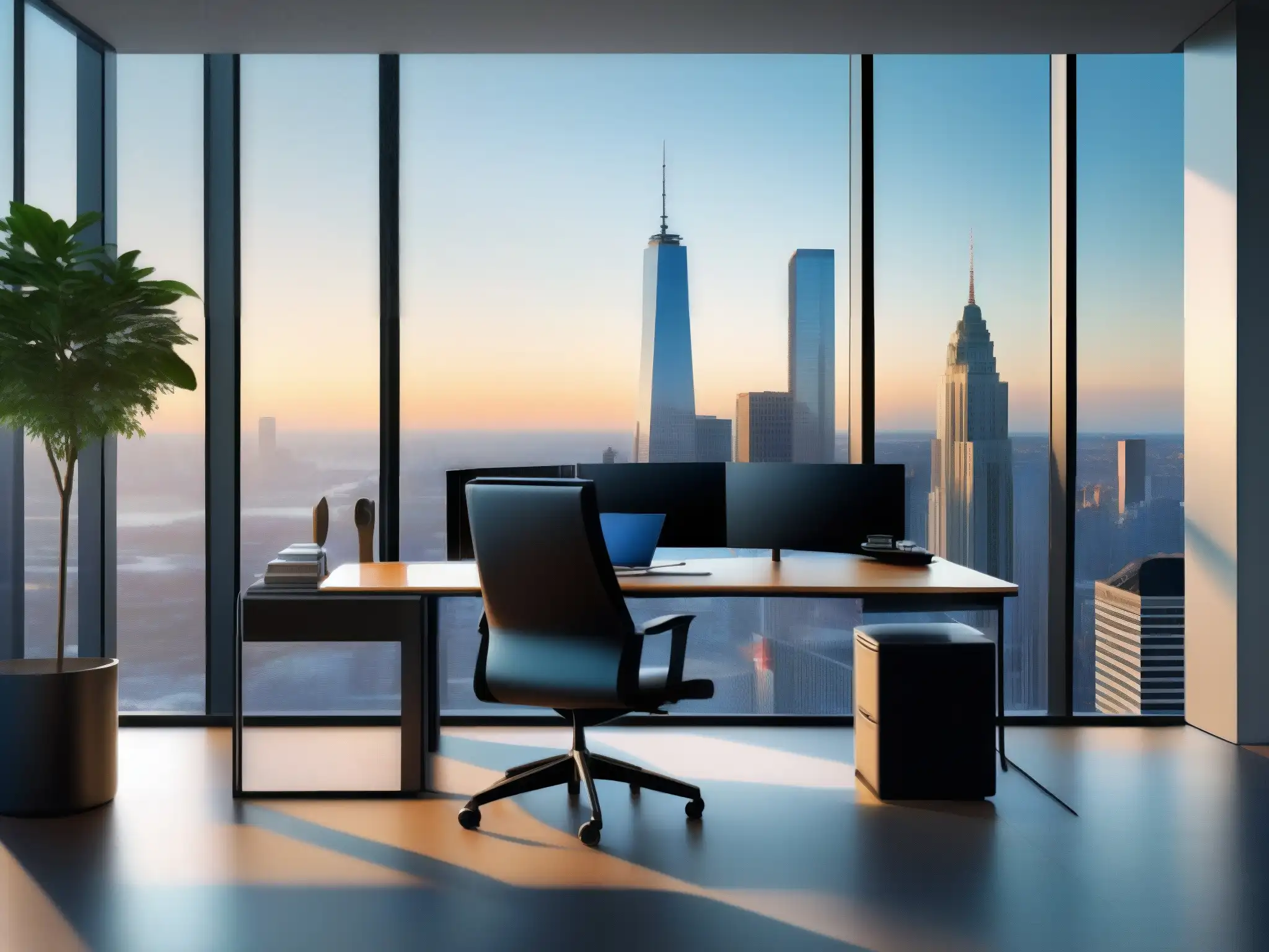 Oficina moderna con vista panorámica y sistema de videoconferencia Lifesize integrado Oficina moderna con integración de Lifesize y CRM, con vista panorámica a la ciudad y luz natural