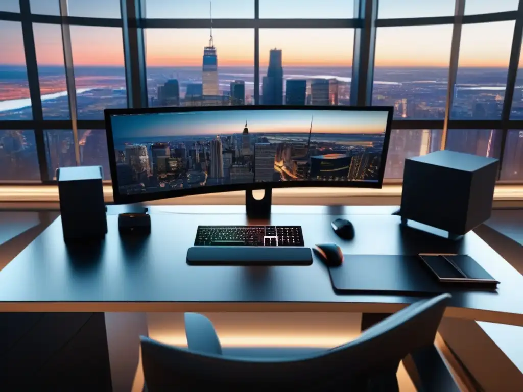 Oficina moderna con computadora de alta gama y vista a la ciudad Oficina moderna con las mejores herramientas para videoconferencia en soporte técnico, con una vista panorámica de la ciudad desde la ventana