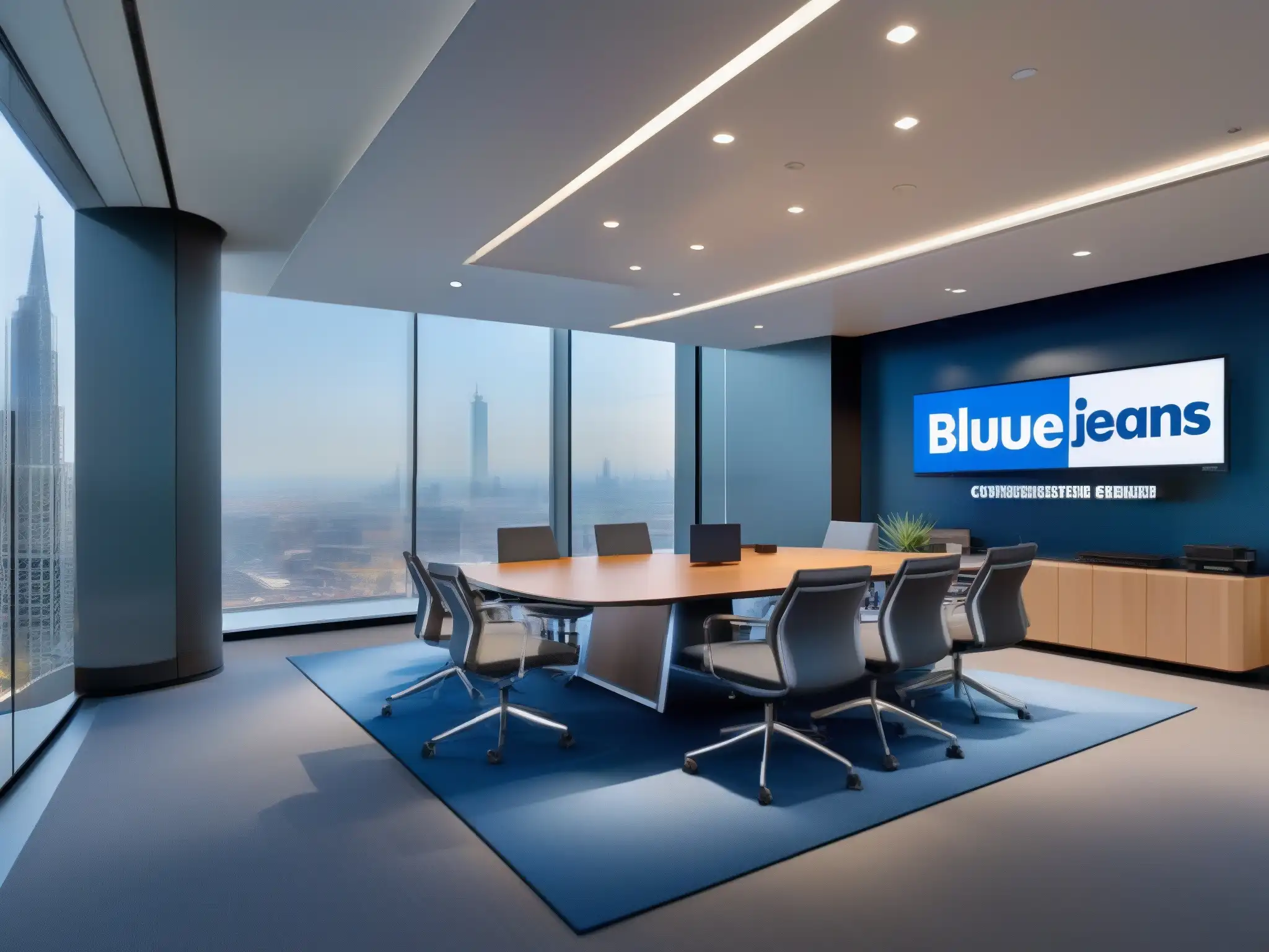 Sala de reuniones futurista con tecnología BlueJeans Oficina moderna con mesa de conferencias futurista, equipos de videoconferencia y logo BlueJeans en pantalla digital