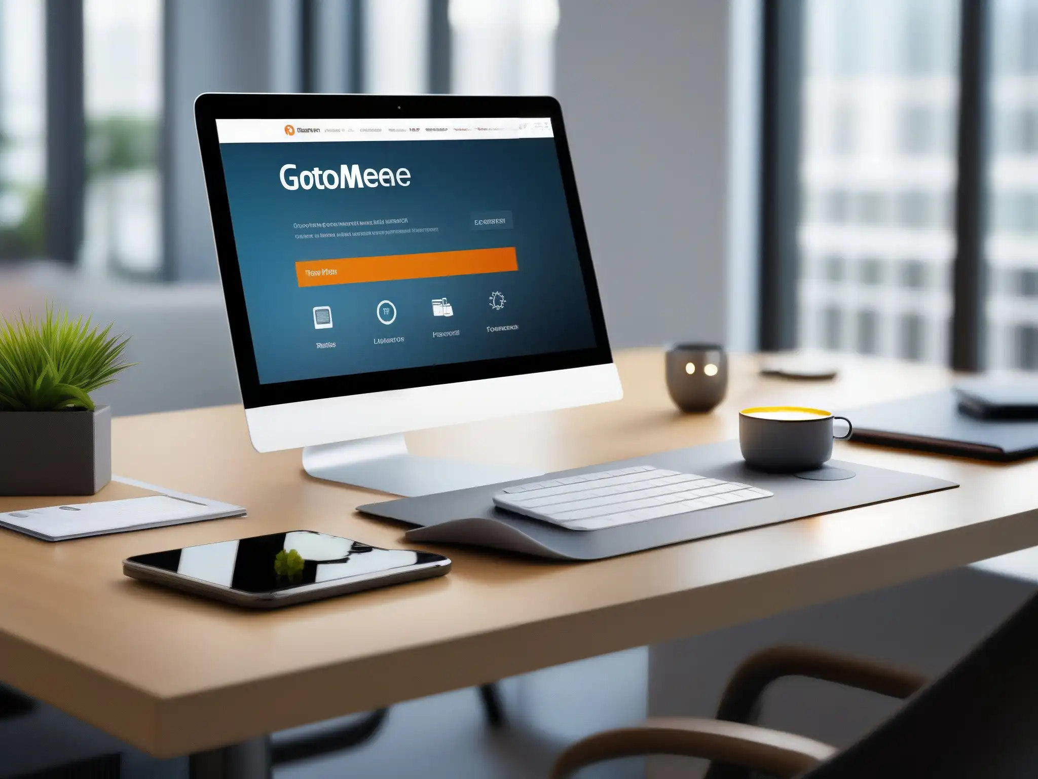 Oficina moderna y eficiente con GoToMeeting Una oficina moderna y minimalista con dispositivos electrónicos y accesorios ordenados, ideal para la optimización de tiempo con GoToMeeting