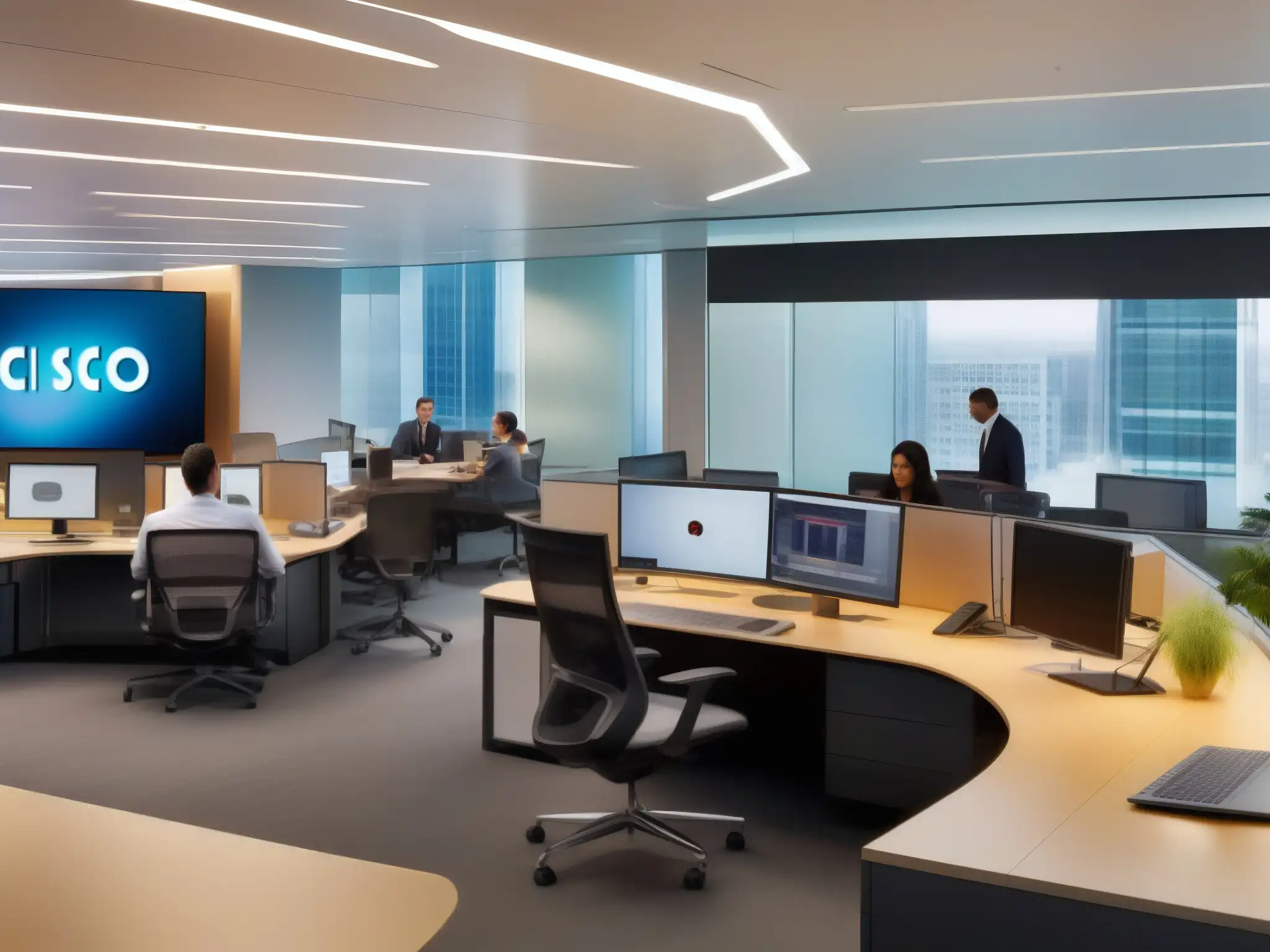 Oficina corporativa global: colaboración eficiente con Cisco Jabber Oficina moderna de multinacional con comunicación optimizada a través de videoconferencia y colaboración eficiente entre equipos y departamentos