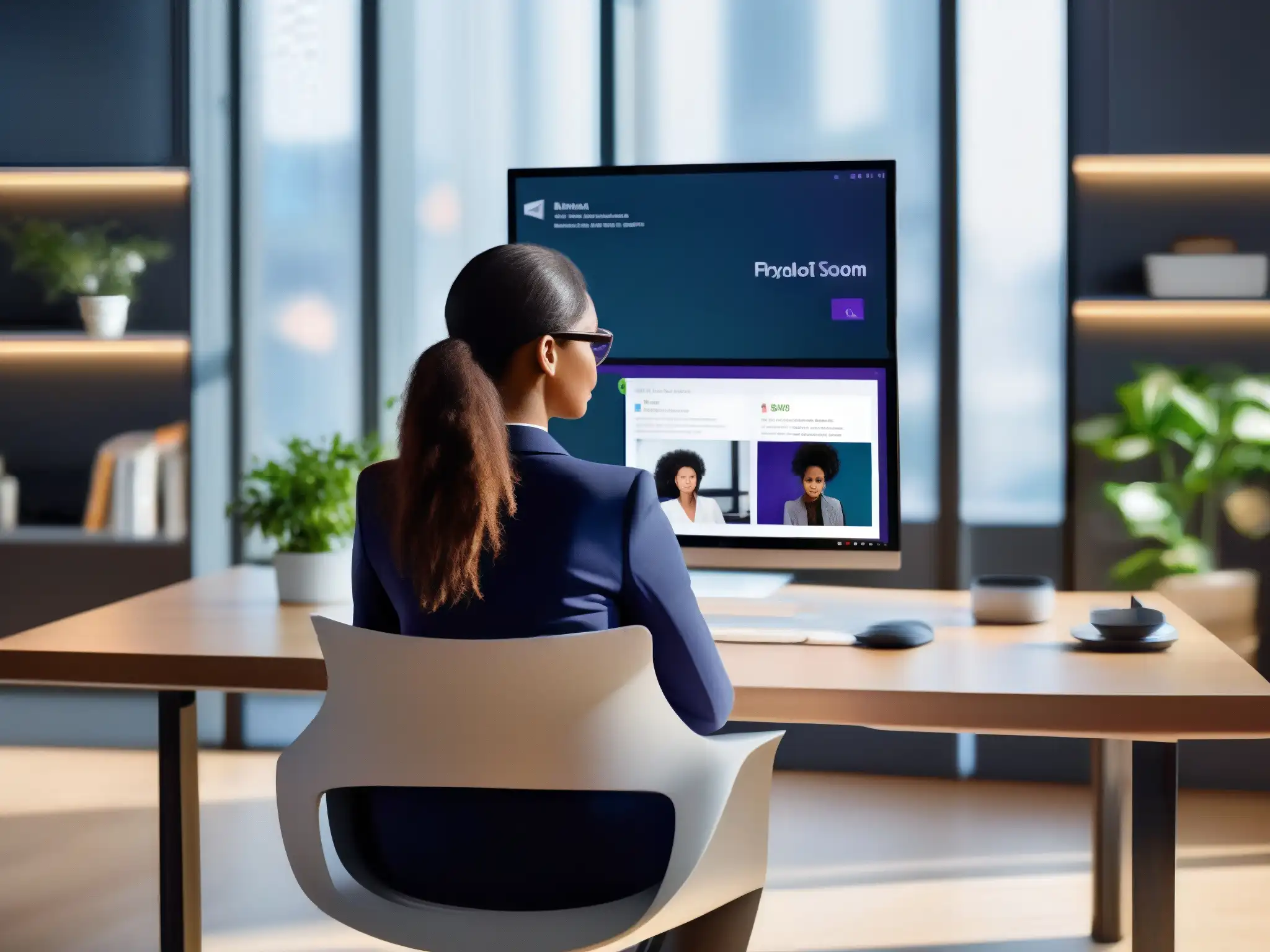 Oficina moderna para videoconferencias en Microsoft Teams Una oficina moderna y ordenada con integración Microsoft Teams y Office 365
