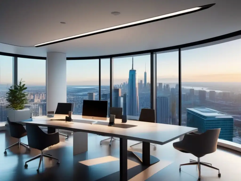 Oficina moderna con panorámica de la ciudad, equipo de videoconferencia de vanguardia y comparativa de productividad en consultorías