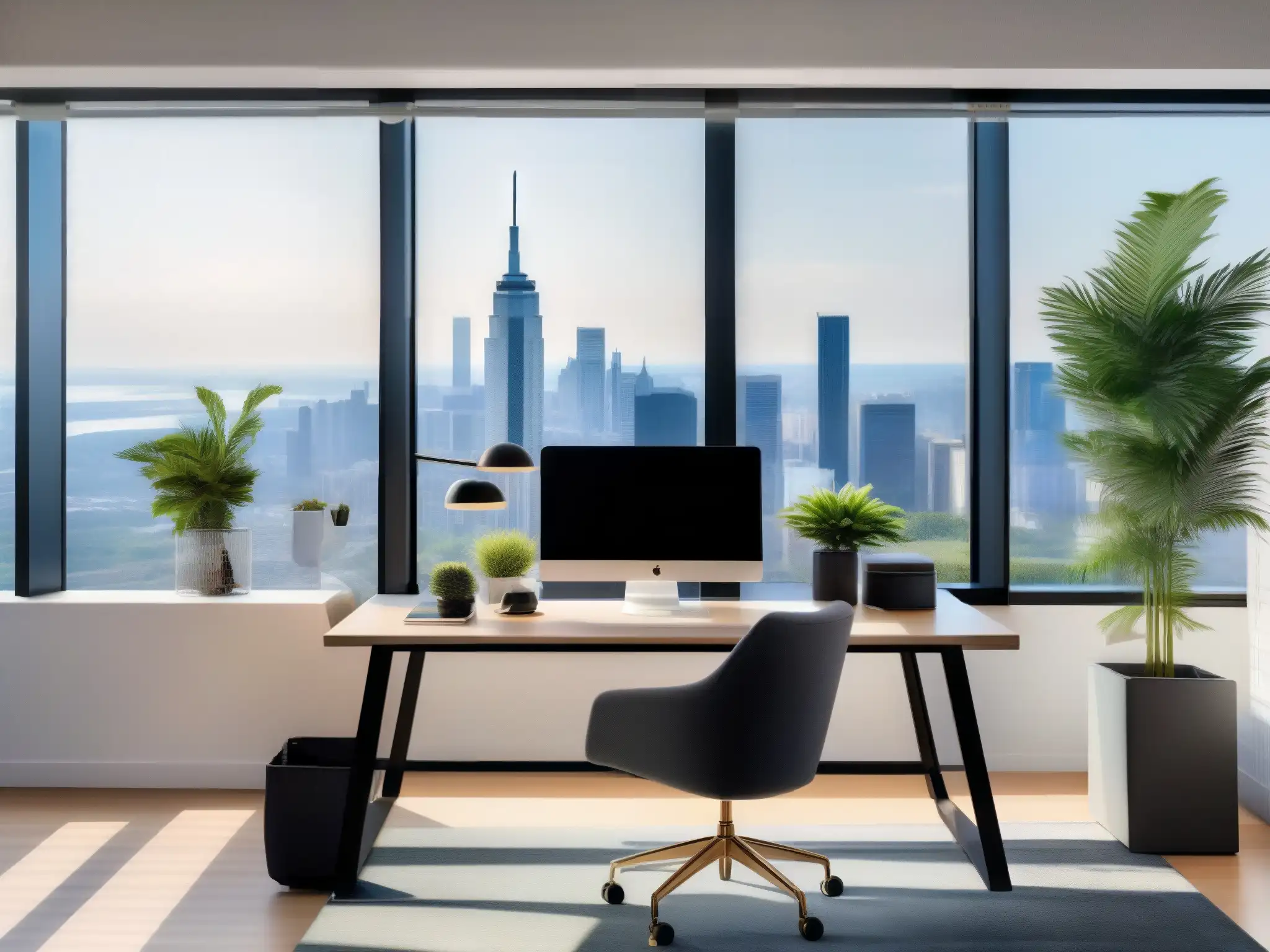 Oficina moderna con vista panorámica y ambiente productivo Oficina moderna con plataforma de videoconferencia y gestión del tiempo, ambiente profesional y productivo, con vistas a la ciudad