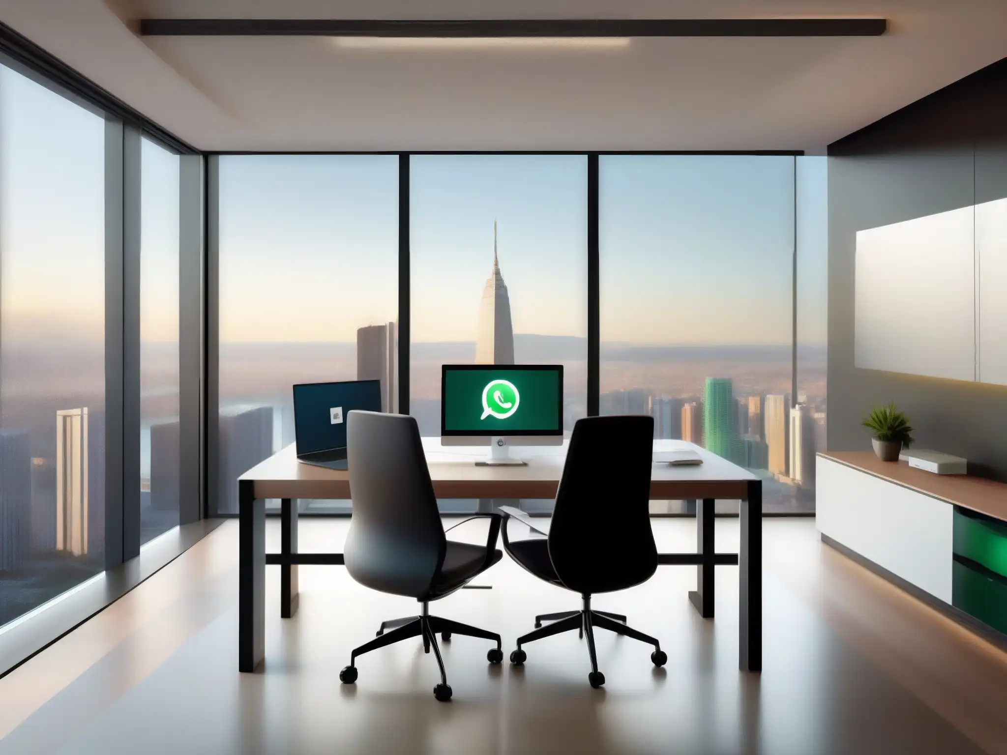Oficina moderna con WhatsApp Business y videoconferencia Oficina moderna con integración WhatsApp Business plataformas videoconferencia y vista de la ciudad