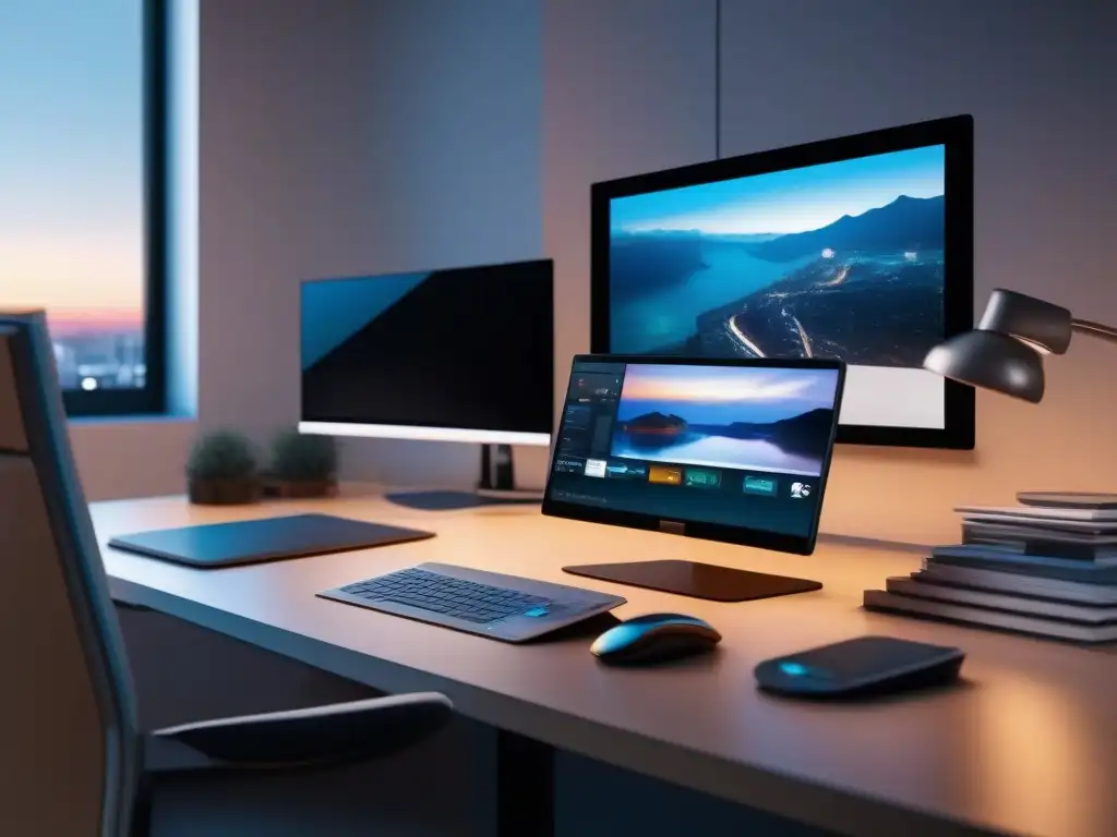 Oficina moderna con videoconferencia y gestión de proyectos Oficina moderna con plataformas de videoconferencia compatibles y gadgets de alta gama en un espacio funcional y futurista