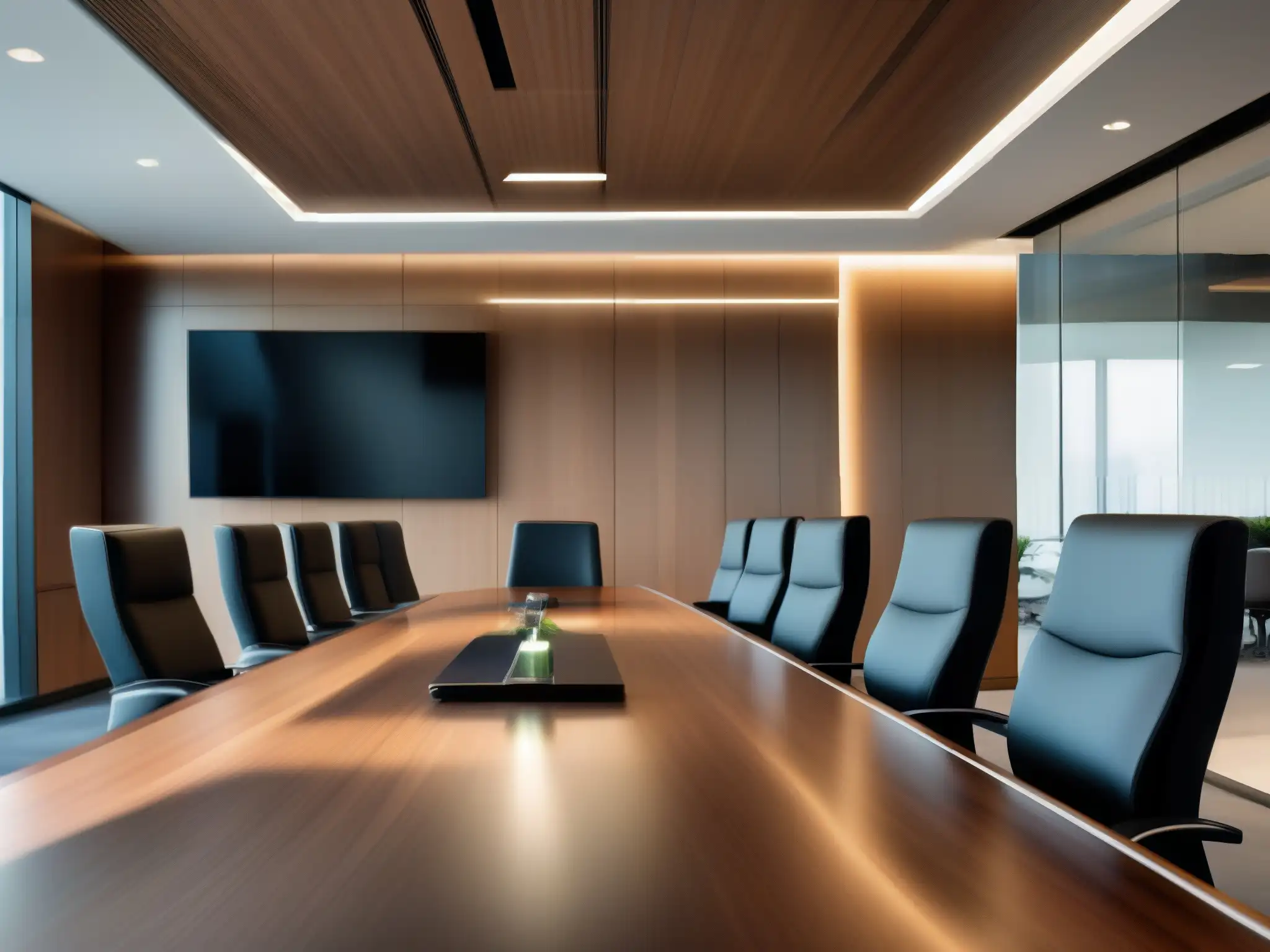 Oficina moderna con sala de conferencias luminosa y profesionales en videoconferencia