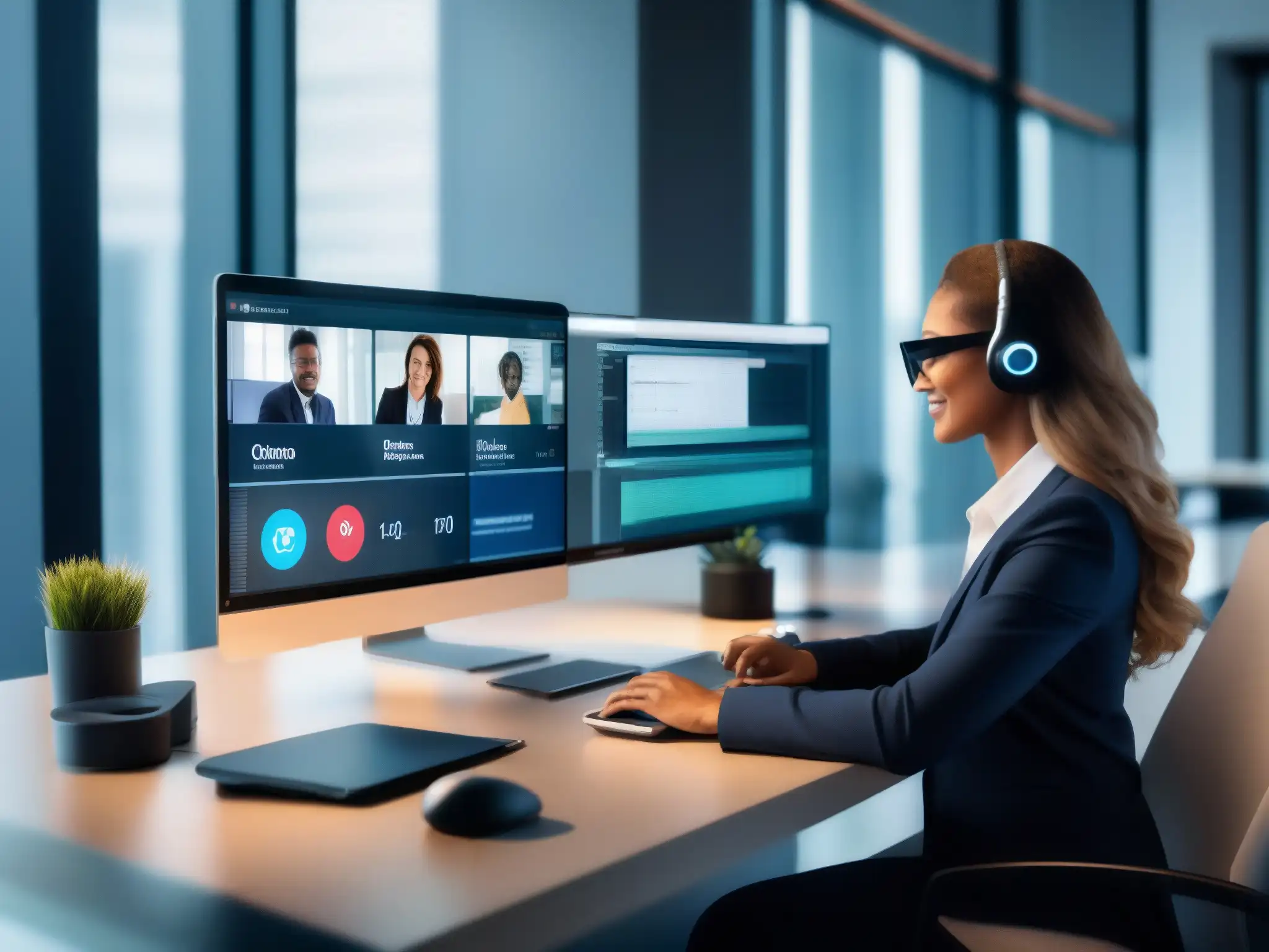 Oficina moderna y segura: videoconferencia profesional con ciberseguridad Una oficina moderna y segura, con un profesional en videoconferencia, destacando la ciberseguridad en videoconferencias profesionales