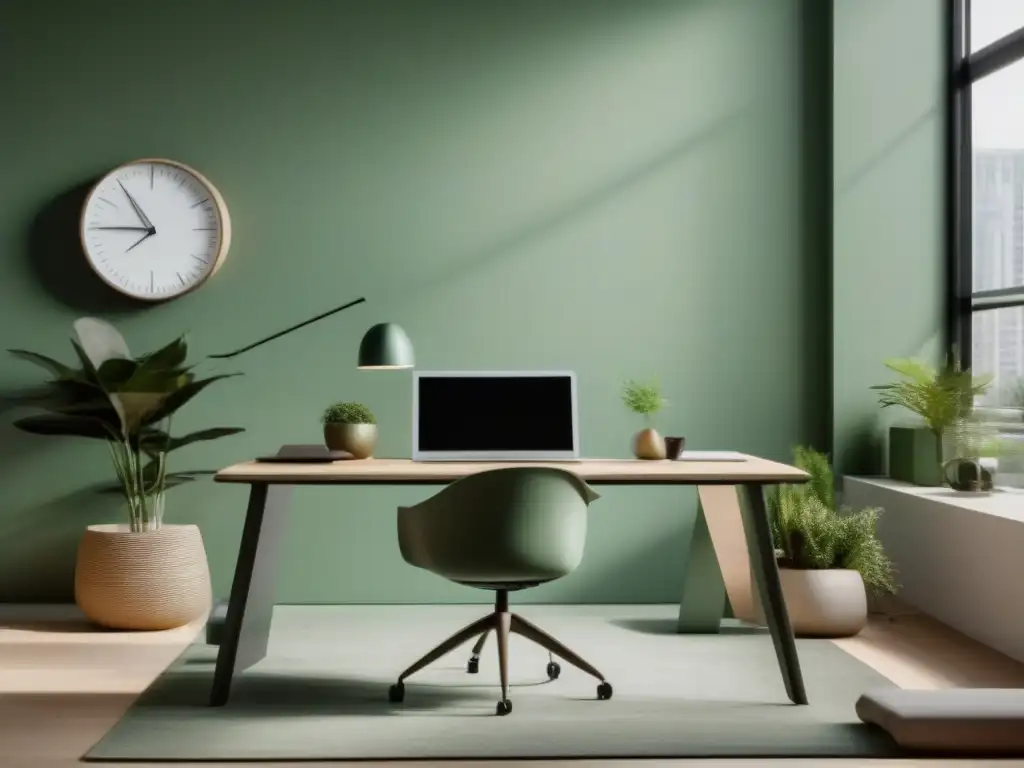 Oficina serena para videoconferencias: gestión del tiempo y productividad Oficina moderna y serena, con luz natural y tonos suaves, muestra estrategias efectivas gestión tiempo videoconferencias