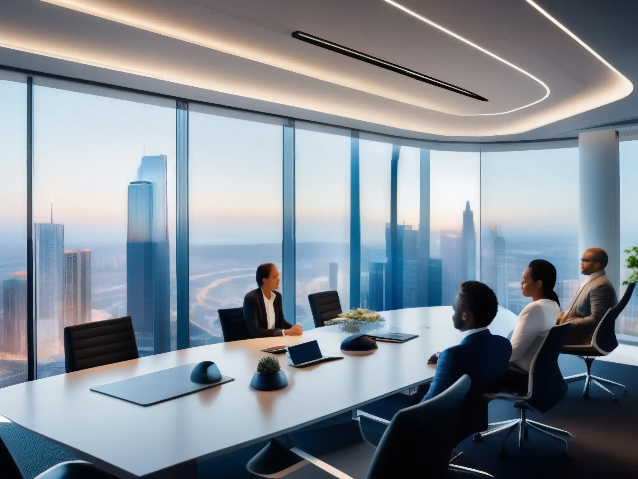 Oficina moderna con videoconferencia dinámica Oficina moderna con sinergia entre plataformas de videoconferencia y asistentes virtuales, bañada en luz natural con vista a la ciudad