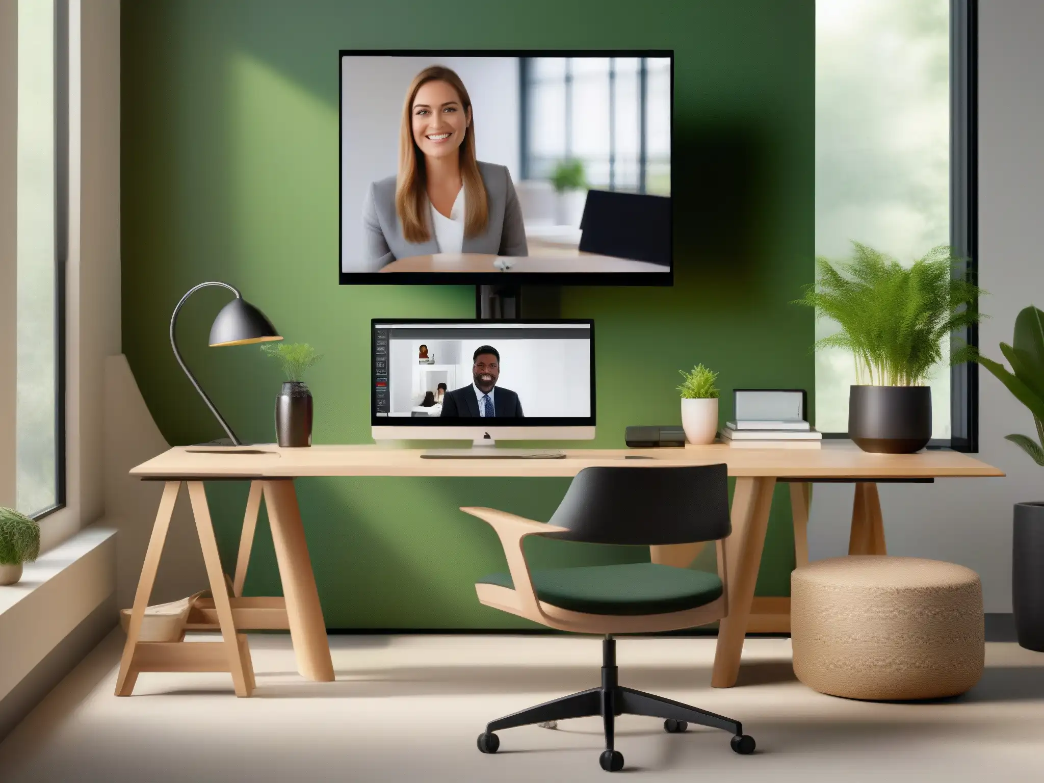 Oficina en casa eco-amigable y profesional Oficina moderna con solución sostenible para videoconferencias profesionales, eficiencia y compromiso ambiental