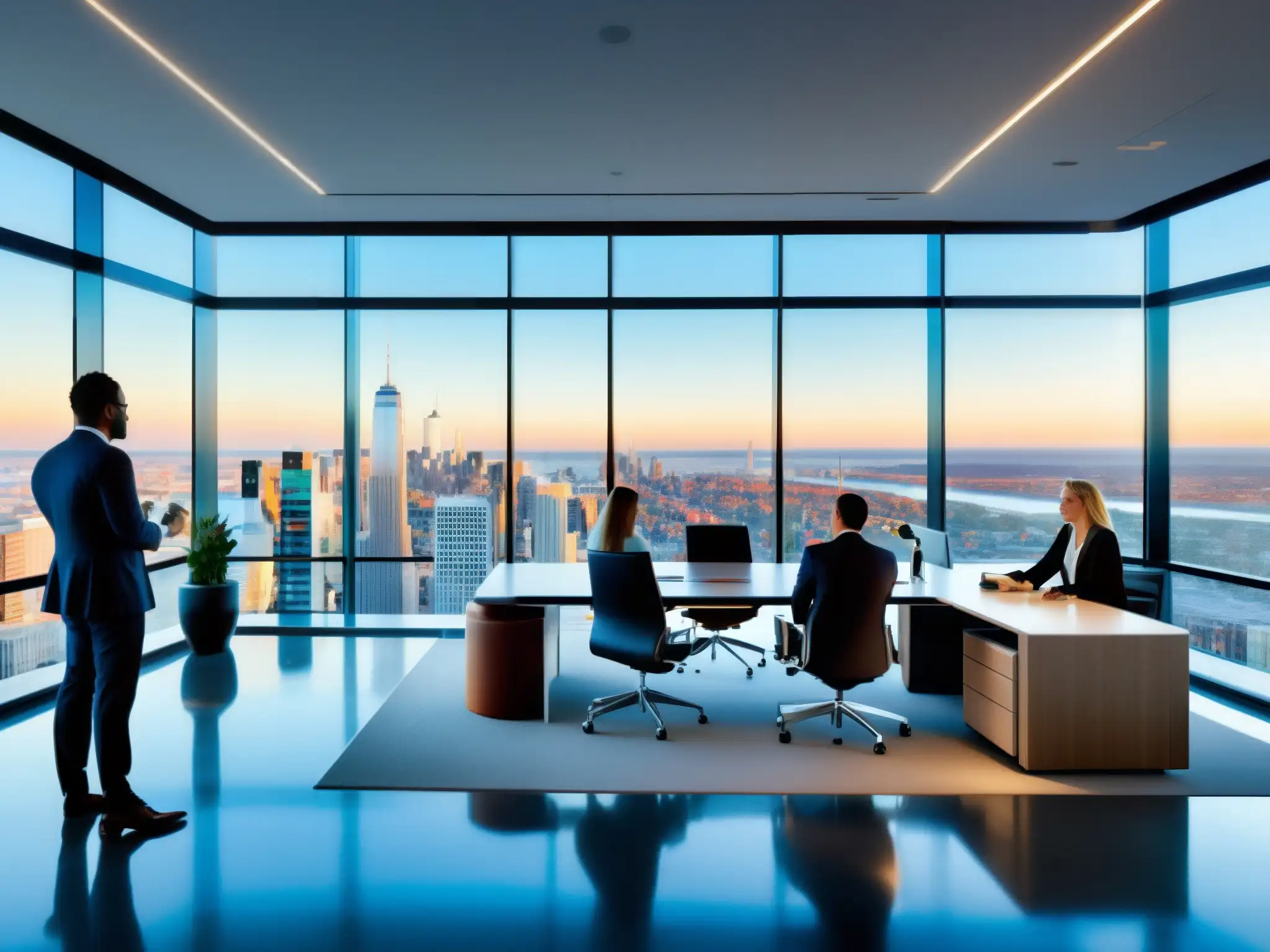 Oficina moderna con vista panorámica y profesionales colaborativos Oficina moderna con tecnología innovadora y ambiente profesional