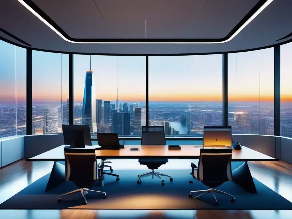 Oficina ultramoderna con tecnología de vanguardia y vista panorámica Oficina moderna con tecnología de vanguardia y videoconferencias avanzadas