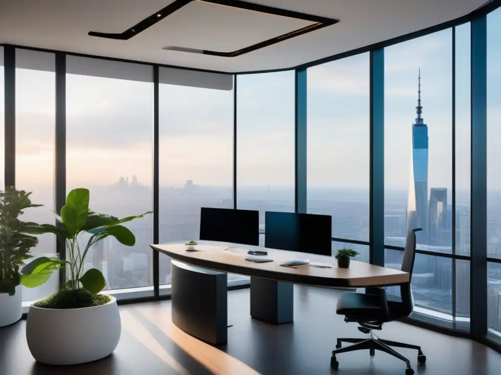 Oficina moderna con tecnología de vanguardia y elegancia urbana Oficina moderna con tecnología de videoconferencia y elegancia, automatización tareas videoconferencias productividad