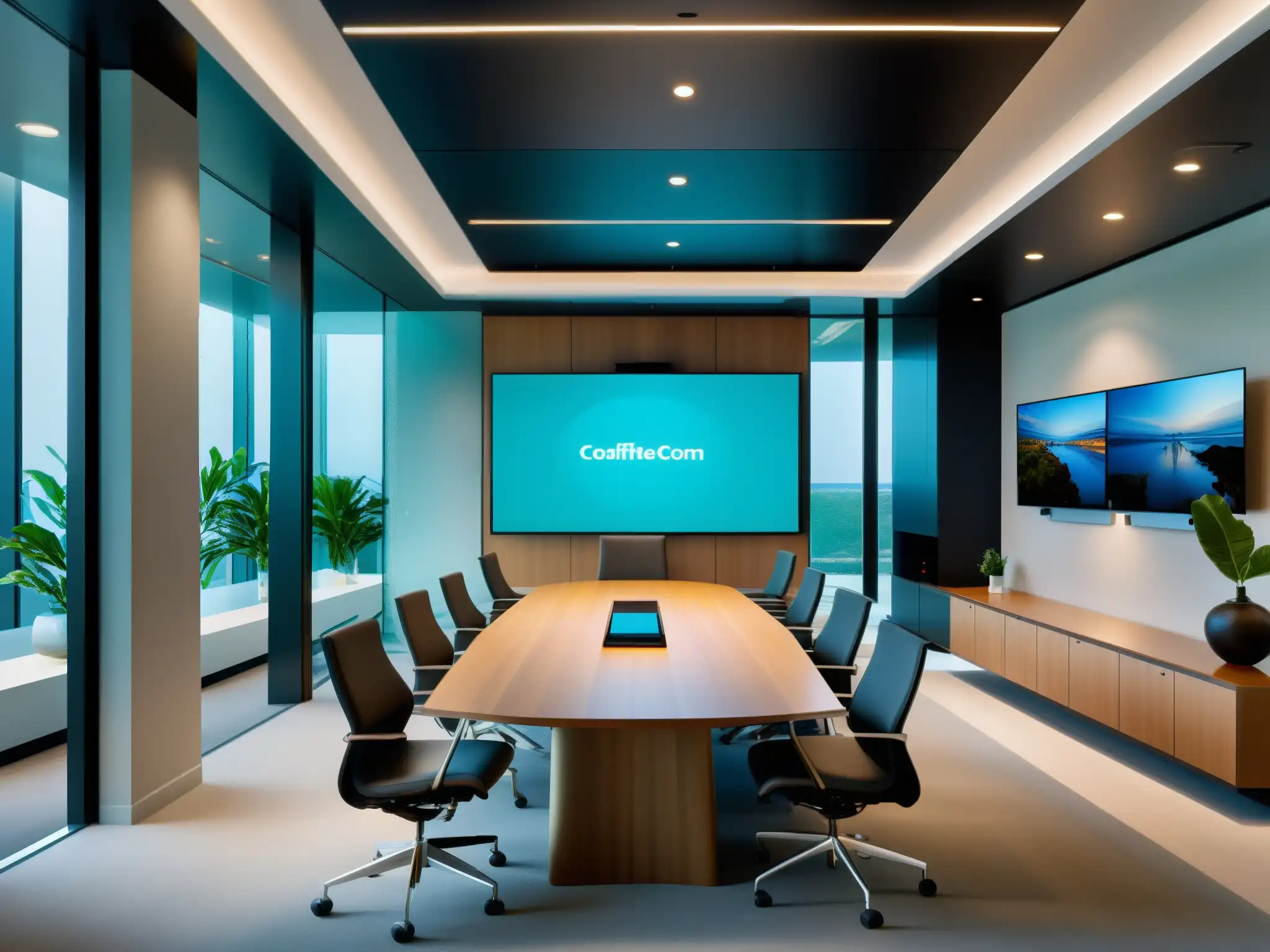 Sala de conferencias moderna y sofisticada para videoconferencias Oficina moderna con ventanas panorámicas, arte abstracto y sistema de videoconferencias
