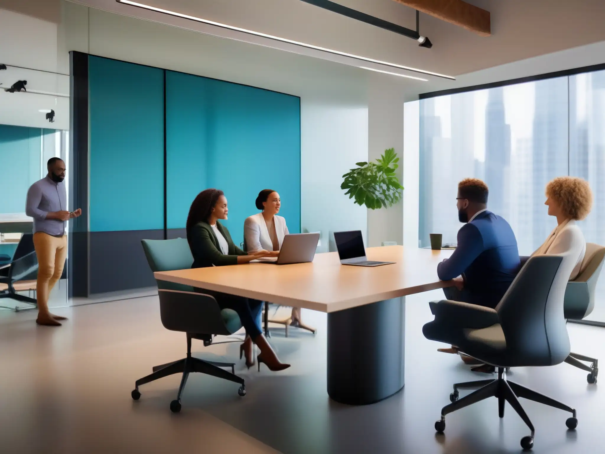 Oficina moderna con Highfive: innovación y energía En una oficina moderna y vibrante, profesionales creativos utilizan la herramienta de videoconferencia Highfive para colaborar de forma innovadora