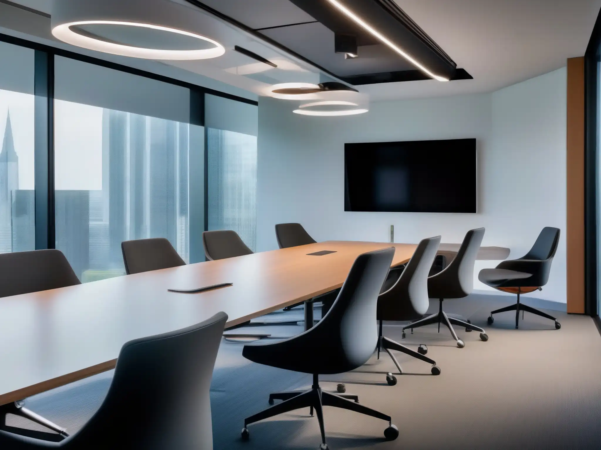 Oficina moderna con tecnología avanzada y comunicación fluida Oficina moderna con videoconferencia corporativa de alta calidad y diseño ergonómico