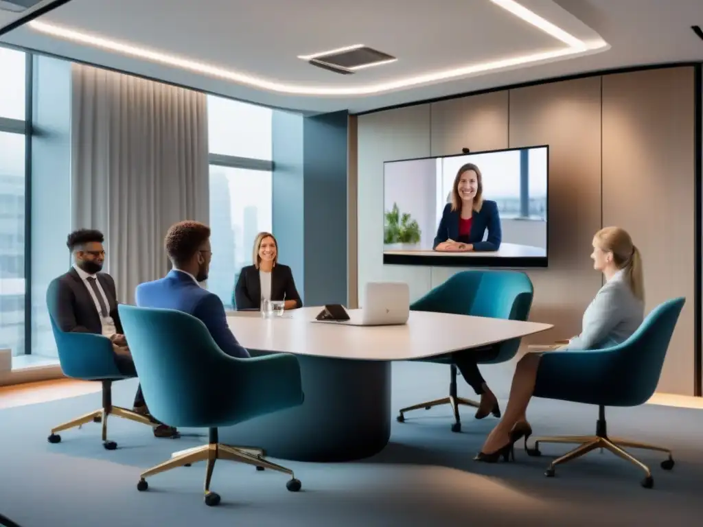 Oficina minimalista con videoconferencia profesional Oficina moderna con videoconferencia gratuita para profesionales en video llamada de alto nivel