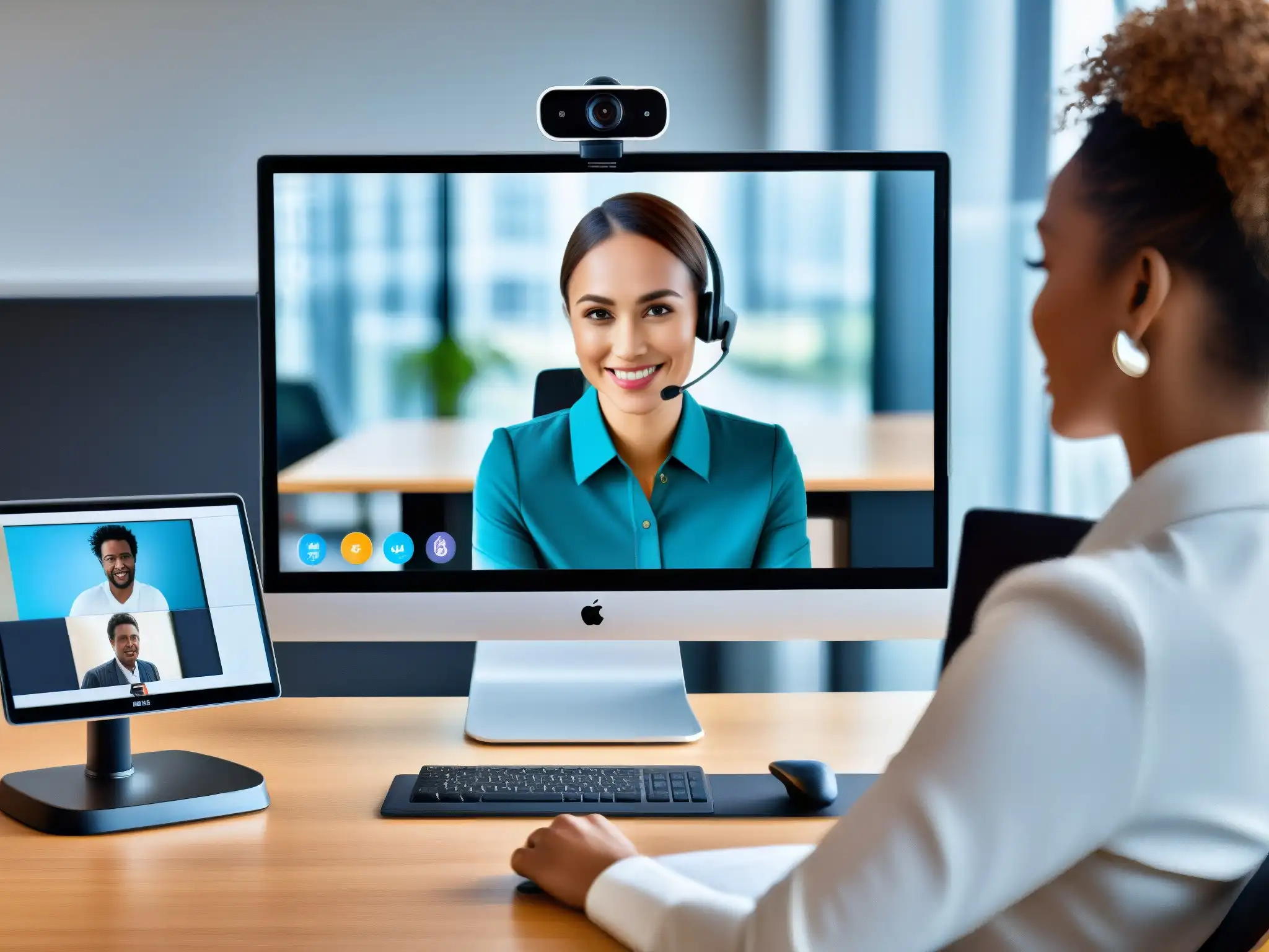 Videoconferencia profesional con IA en oficina moderna Oficina moderna con videoconferencia profesional