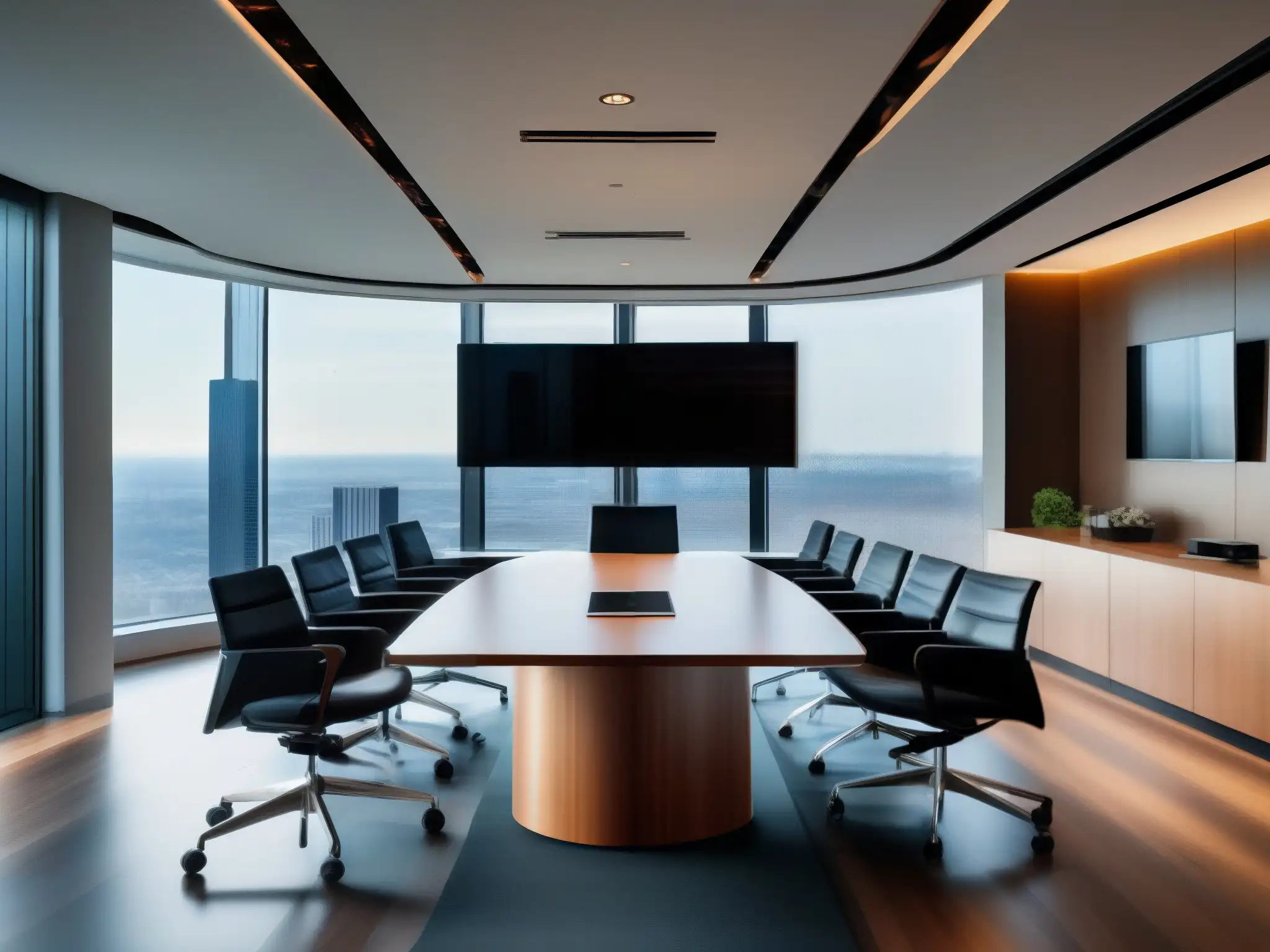 Oficina moderna con vista panorámica y tecnología de vanguardia Oficina moderna con videoconferencias en Salesforce para gestión de clientes, ambiente profesional y tecnología de vanguardia