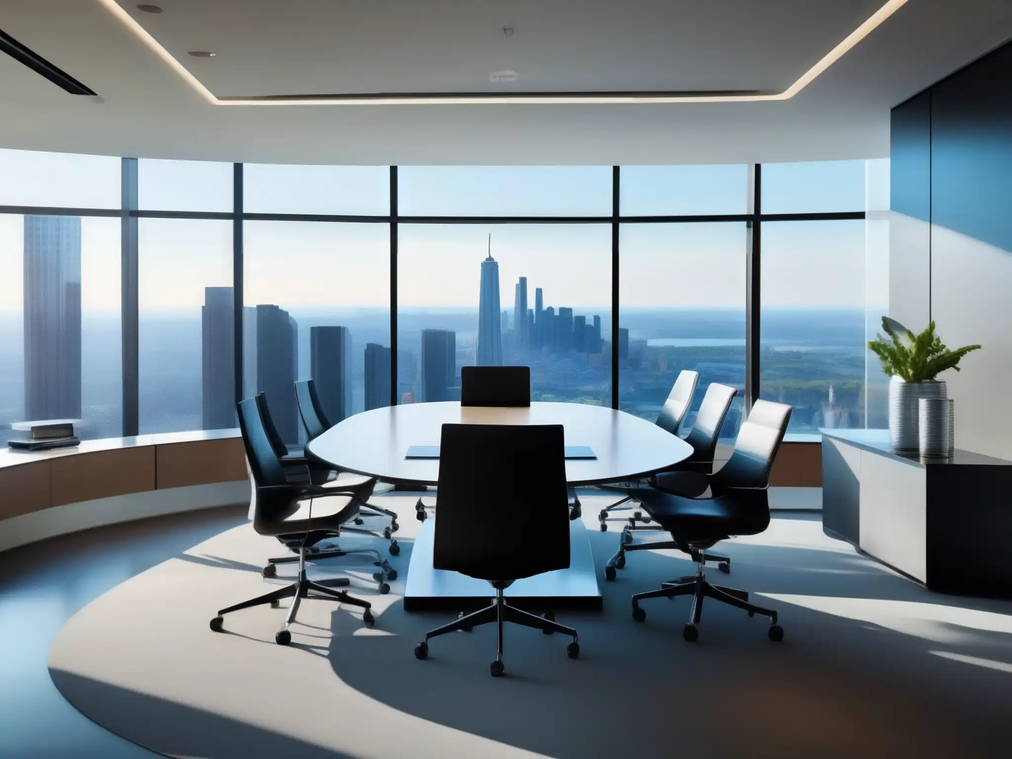Sala de conferencias moderna con vista a la ciudad y equipamiento avanzado Oficina moderna con videoconferencias y herramientas de medición impacto, rodeada de luz natural y vista urbana impresionante