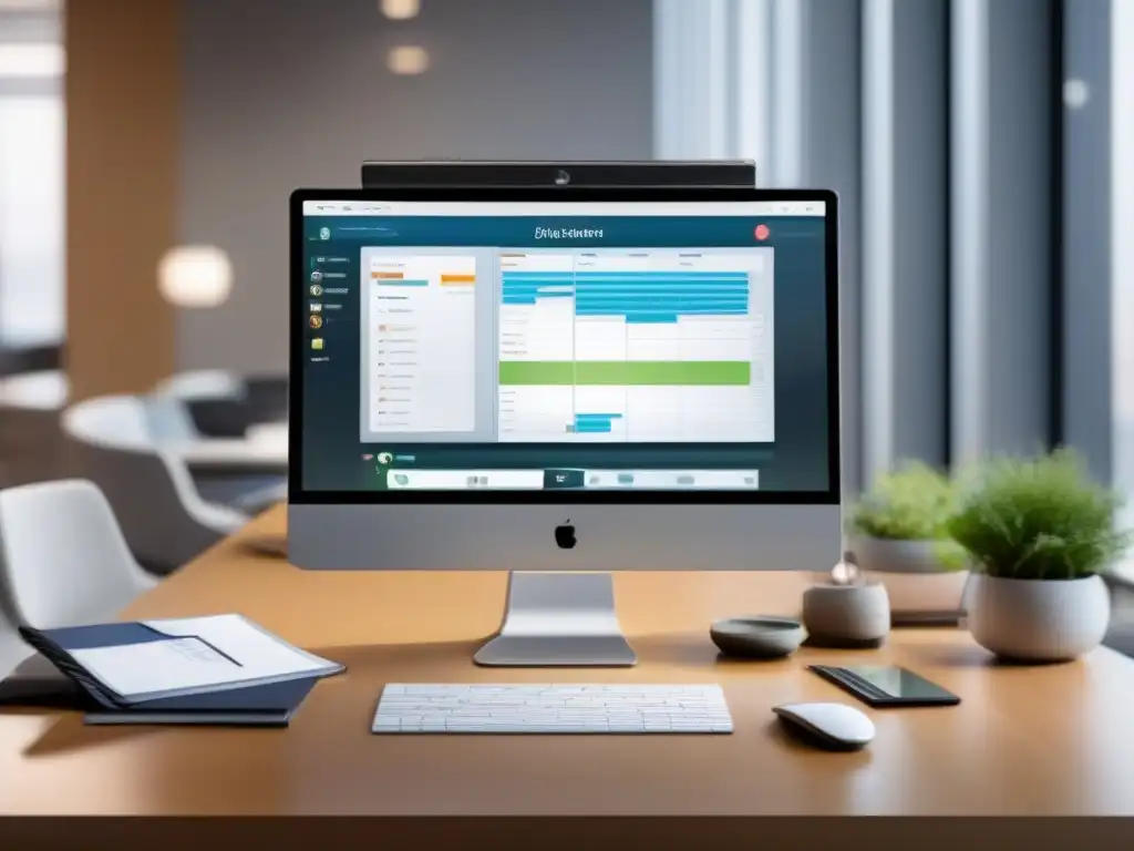 Oficina moderna: IA organiza agenda, videoconferencia productiva Oficina moderna con videoconferencias productivas con IA y colaboración dinámica de profesionales