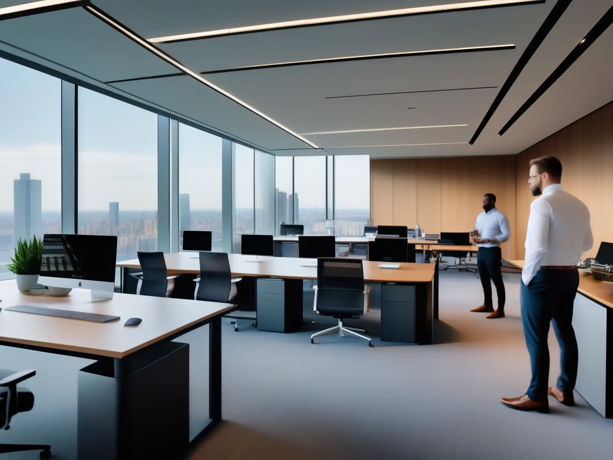 Oficina moderna con videoconferencias de alta tecnología Oficina moderna con videoconferencias para profesionales y entusiastas, integrando tecnología y colaboración en un espacio innovador