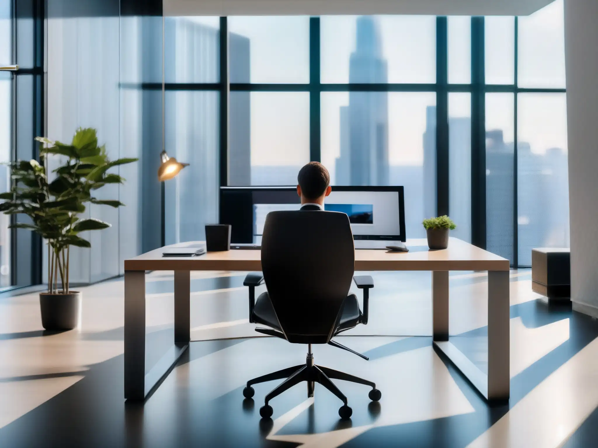 Teletrabajo exitoso: videoconferencia profesional Oficina moderna con videoconferencias para el teletrabajo en un entorno profesional y productivo, bañado en luz natural