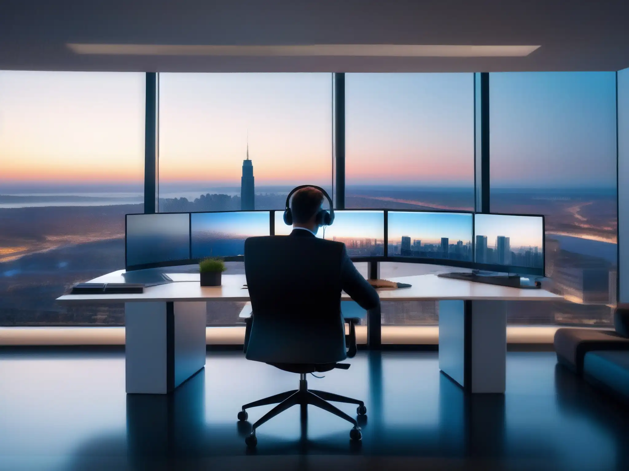 Oficina remota de alta tecnología con vista panorámica Oficina moderna con vista a la ciudad, equipo de videoconferencia remoto y herramientas de alta tecnología para trabajo eficiente