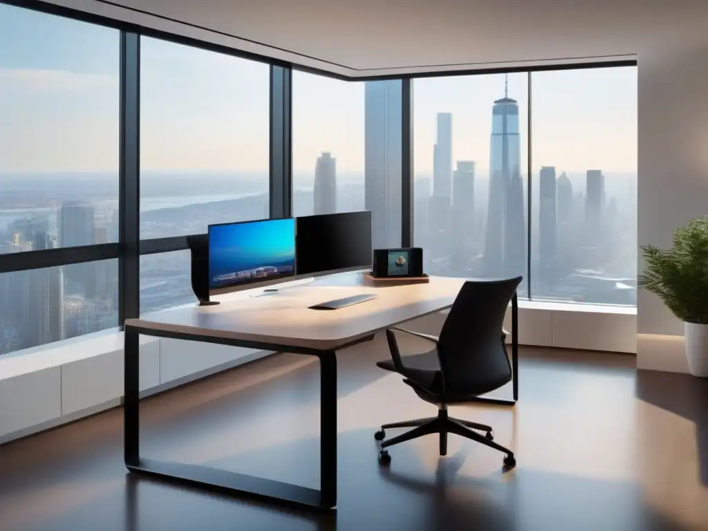 Oficina moderna: eficiencia en videoconferencias Oficina moderna con vista a la ciudad y la mejor plataforma de videoconferencia para la gestión del tiempo eficiente