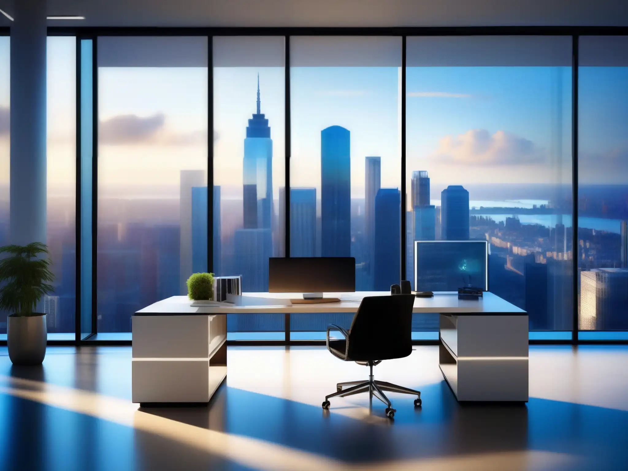 Oficina moderna con soluciones de almacenamiento futuristas Oficina moderna con vista a la ciudad, mobiliario minimalista y soluciones de almacenamiento futuristas