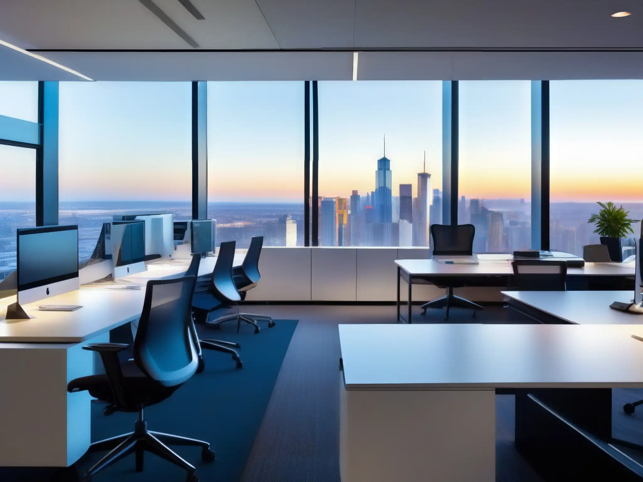 Oficina moderna y dinámica con tecnología de vanguardia Oficina moderna con vista a la ciudad, muebles minimalistas y empleados colaborando