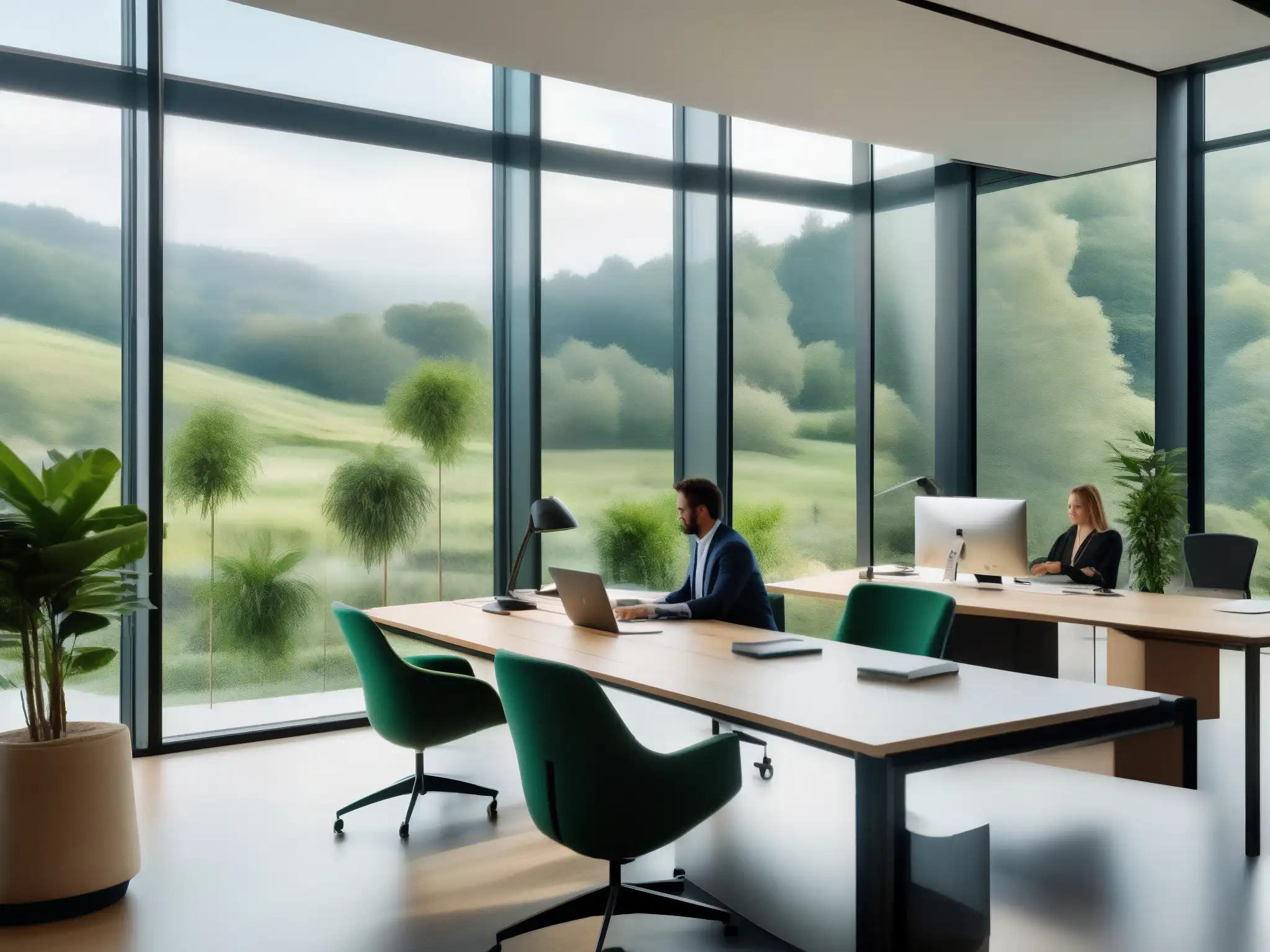 Oficina moderna con vista panorámica y equilibrio natural Oficina moderna con vista a la naturaleza, promoviendo equilibrio vida-trabajo en videoconferencias