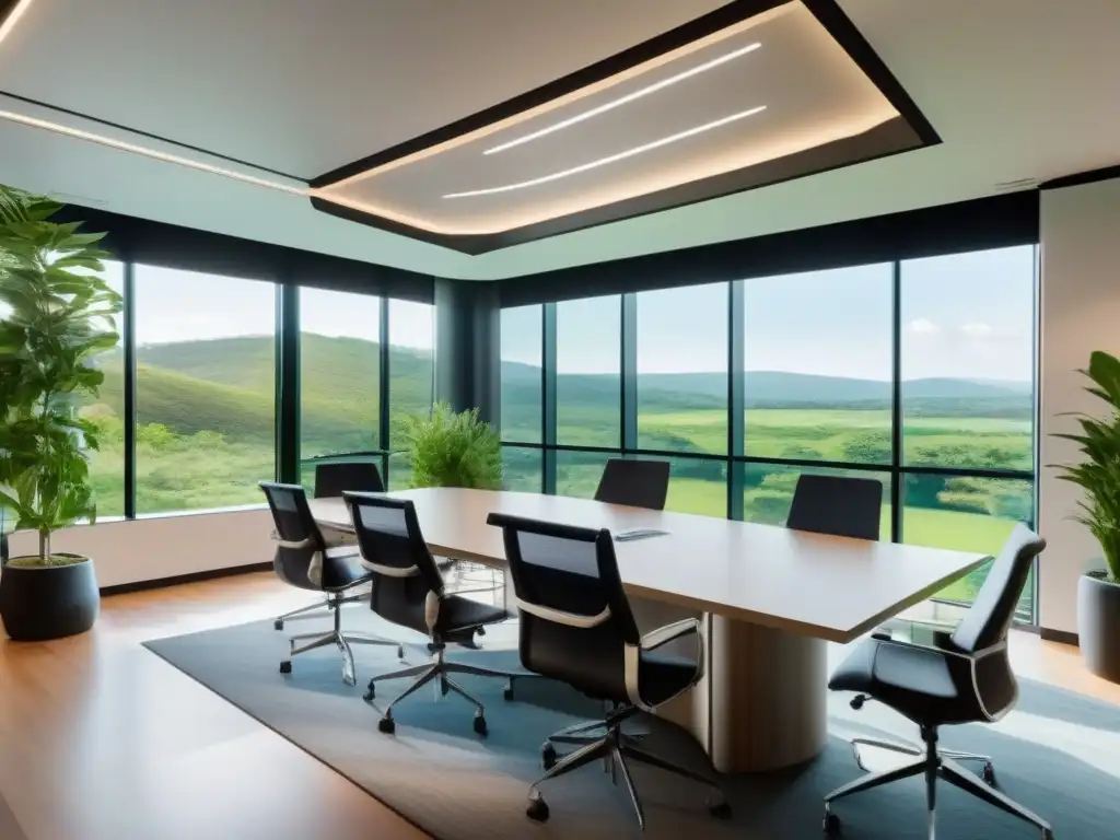 Oficina ecológica con vistas panorámicas y tecnología moderna Oficina moderna con vista a la naturaleza, promoviendo el reciclaje en la industria de videoconferencias