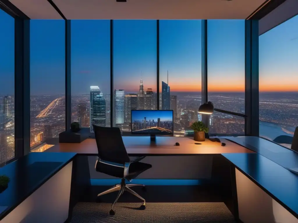 Oficina en casa de lujo con vista nocturna de la ciudad Oficina moderna con vista nocturna de la ciudad y videoconferencia entre freelancers