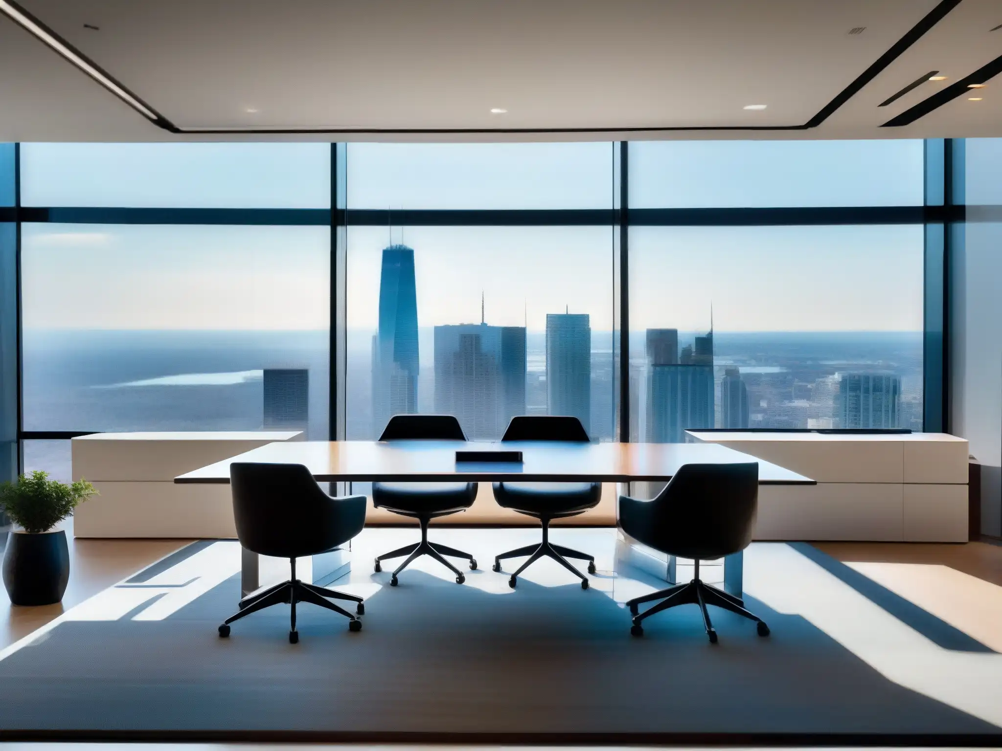 Oficina moderna con videoconferencias eficientes Oficina moderna con vista panorámica de la ciudad a través de ventanales