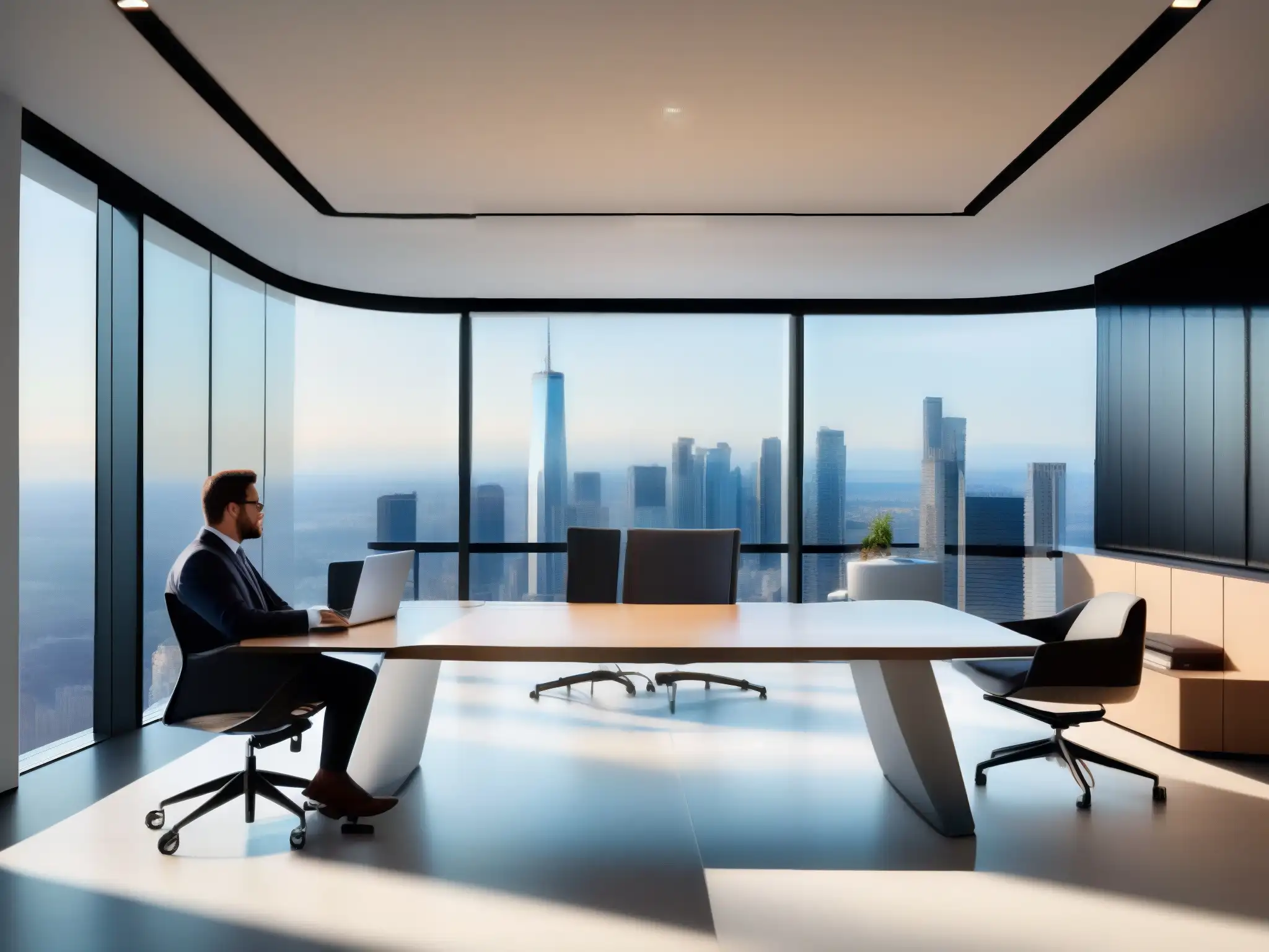 Sala de reuniones virtuales con tecnología Webex de vanguardia Oficina moderna con vista panorámica a la ciudad, equipada con funciones avanzadas de gestión Webex para una productividad eficiente y colaborativa