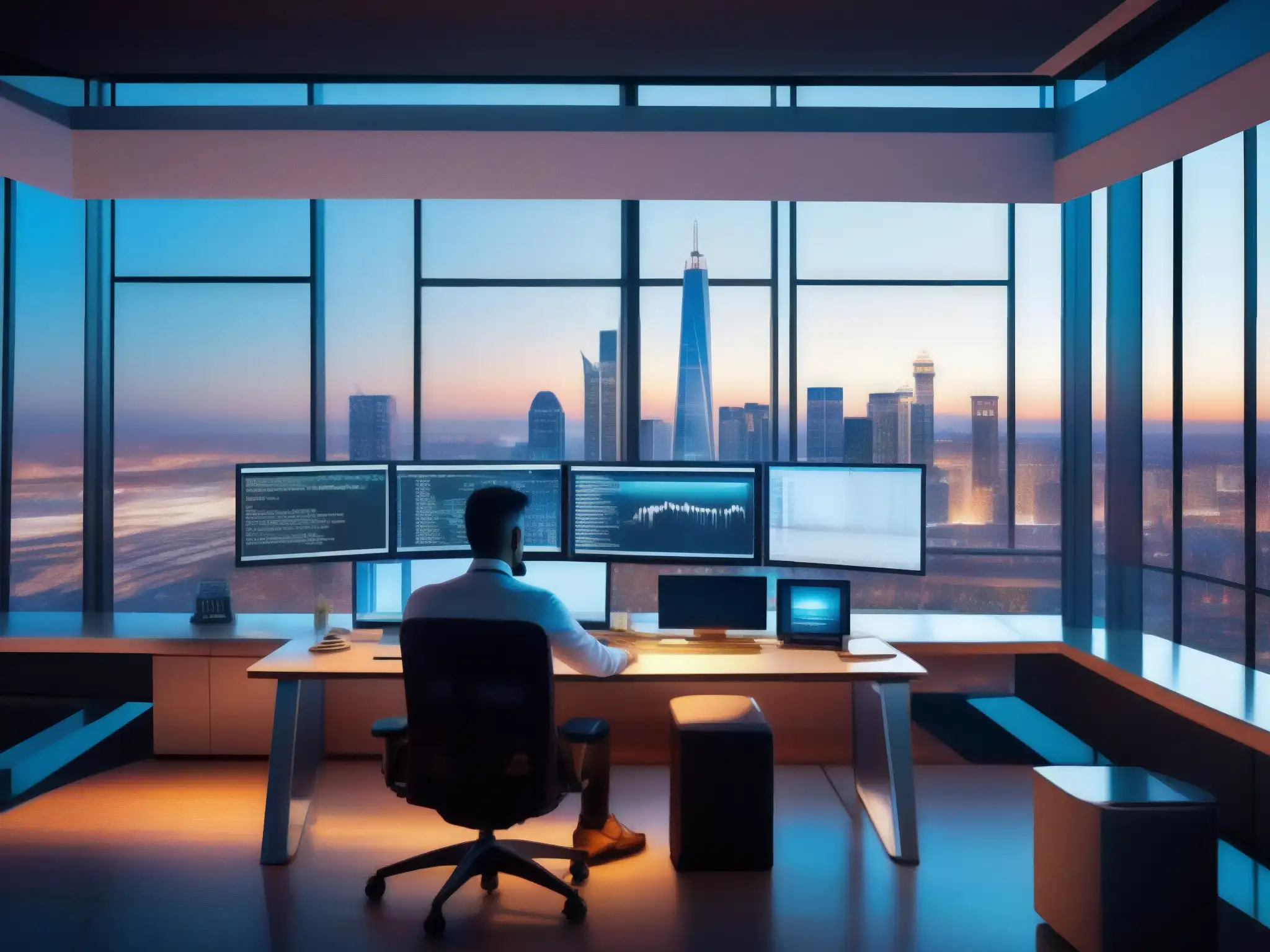 Oficina moderna con vista panorámica, desarrollador de software enfocado Oficina moderna con vista panorámica de la ciudad