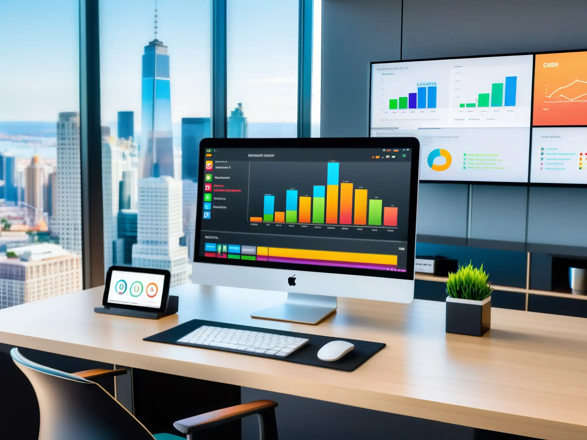 Oficina moderna con CRM y videoconferencias Oficina moderna con vista panorámica de la ciudad