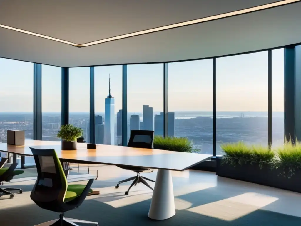 Oficina moderna con vista panorámica y tecnología de videoconferencia Oficina moderna con vista panorámica de la ciudad, comparativa Zoom versus Teams trabajo remoto