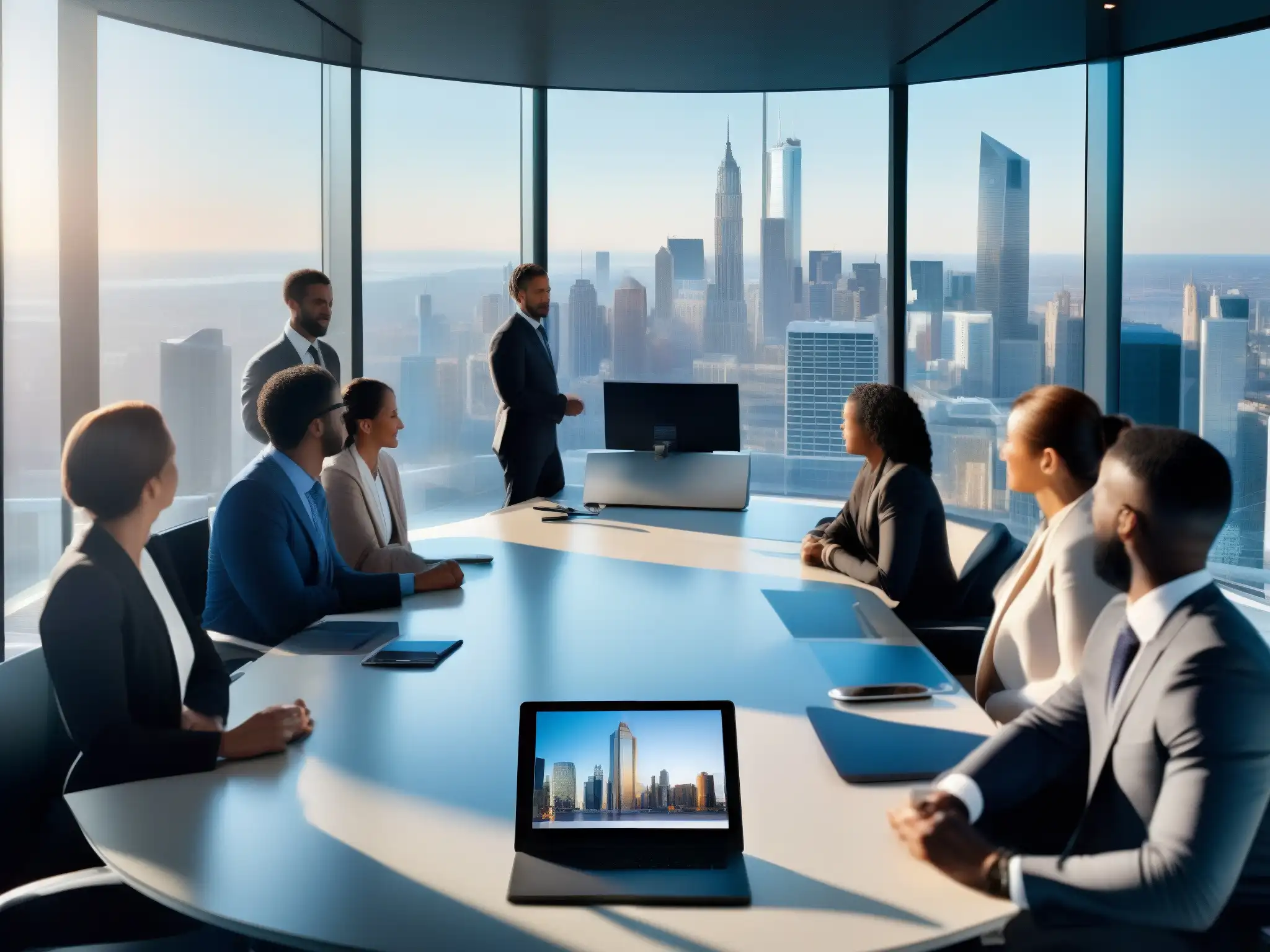 Oficina moderna para videoconferencias Oficina moderna con vista panorámica de la ciudad, videoconferencia de alta calidad con participantes comprometidos