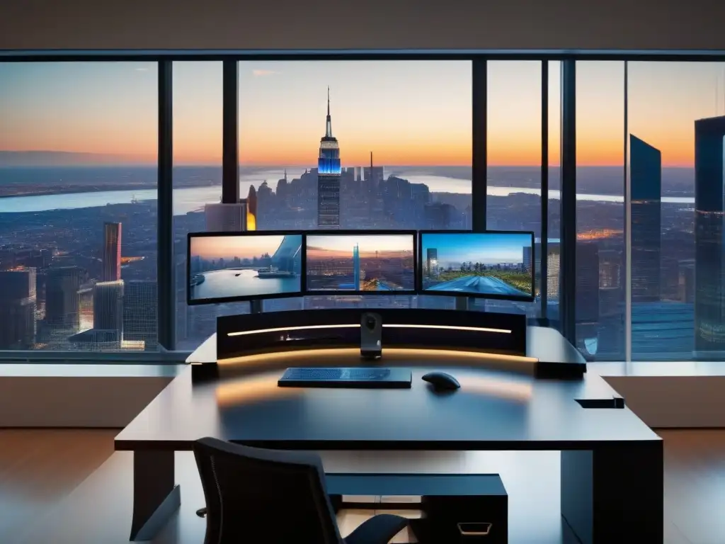 Oficina moderna con tecnología de vanguardia y vista panorámica Oficina moderna con vista panorámica de la ciudad y herramientas de videoconferencia profesionales independientes