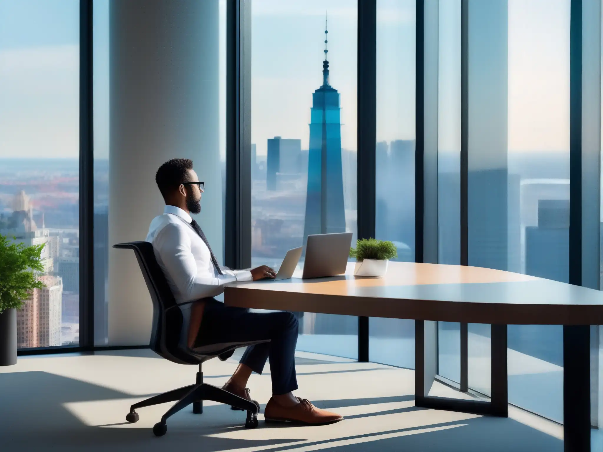 Oficina moderna con vista panorámica: videoconferencia eficiente Oficina moderna con vista panorámica a la ciudad, bañada en luz natural