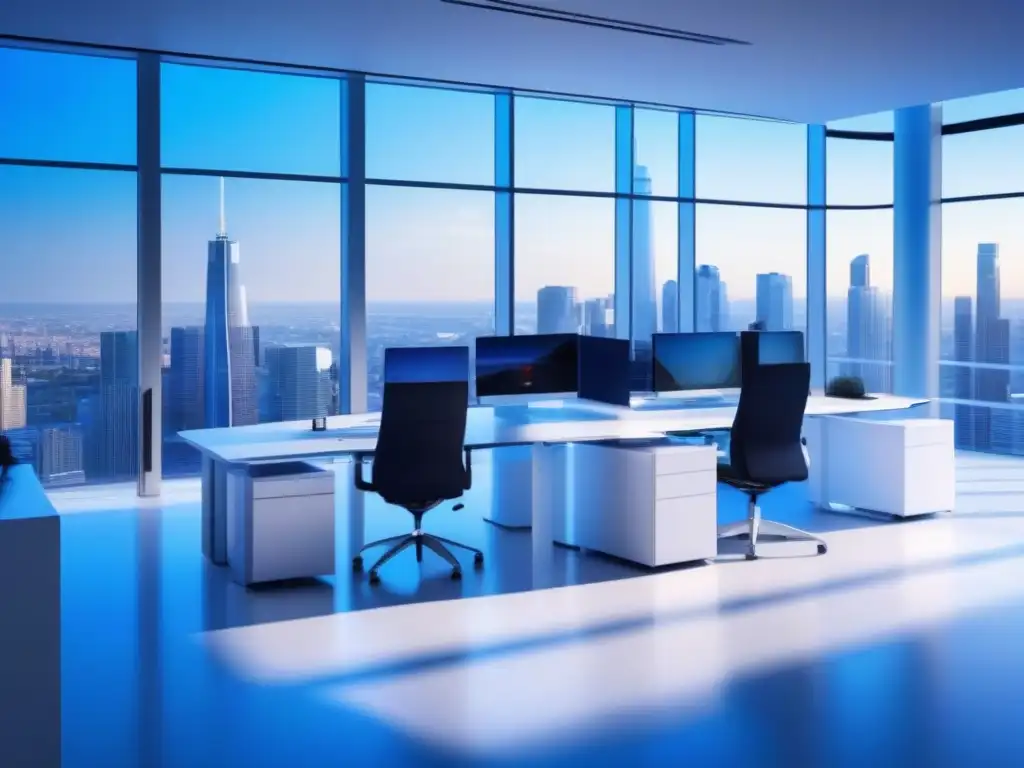 Oficina moderna con vista panorámica a la ciudad: 8k ultradetallada Oficina moderna con vistas a la ciudad, mobiliario minimalista y equipos de alta tecnología