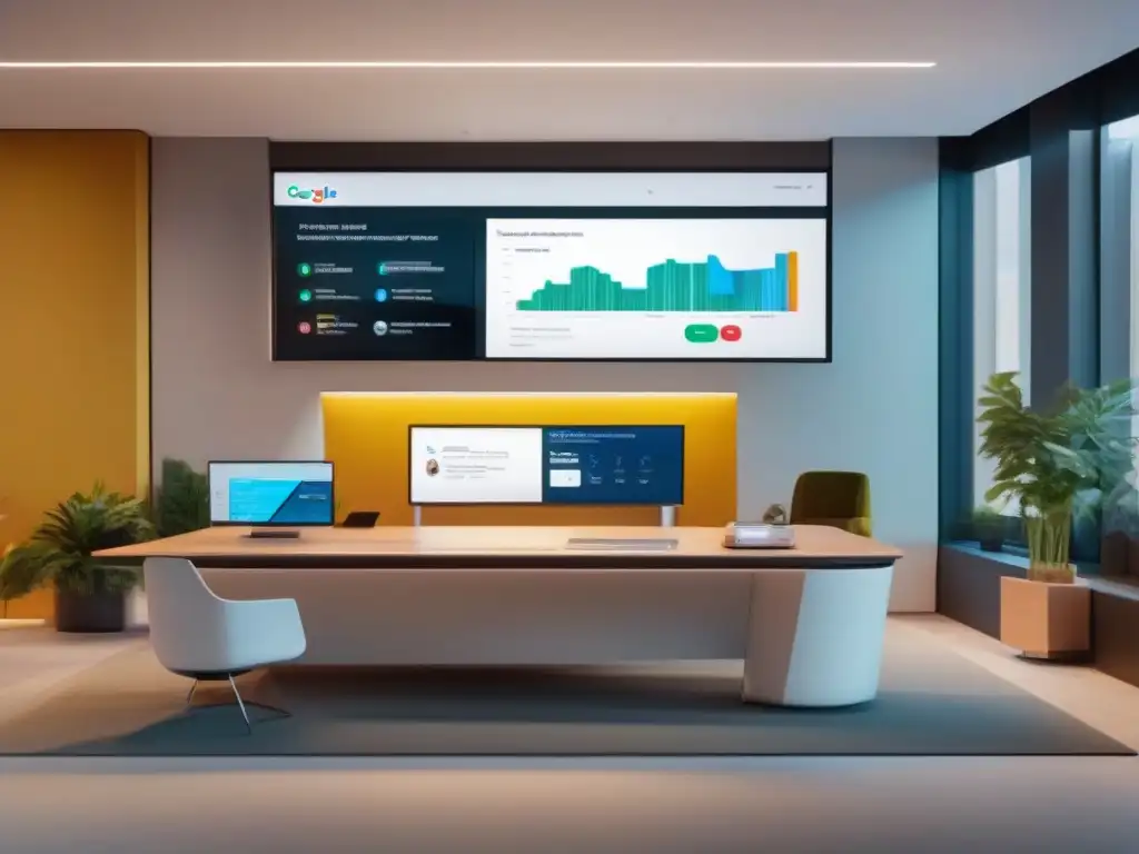 Oficina futurista con Google Meet y CRM Oficina moderna con Google Meet y CRM