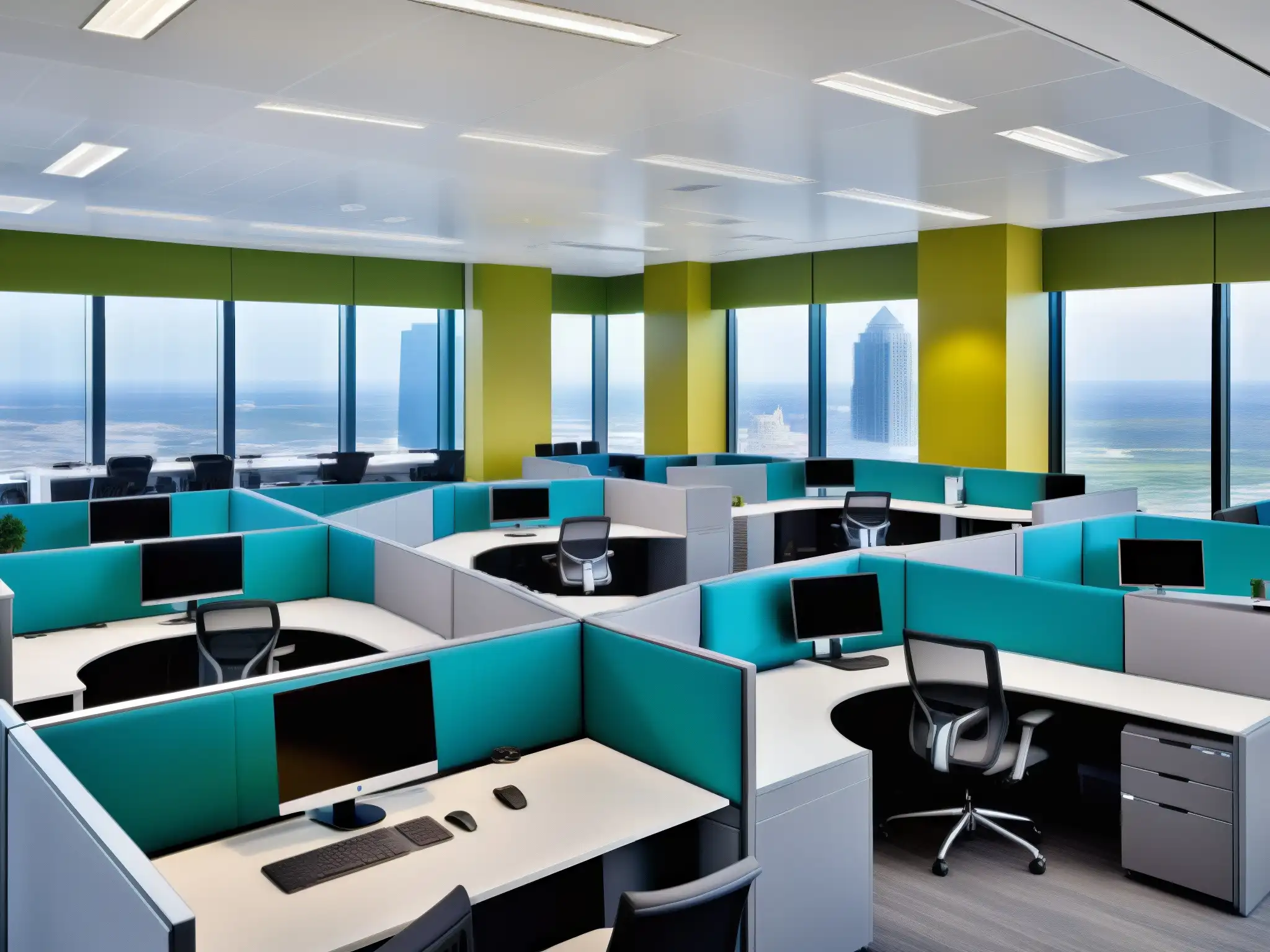 Centro de llamadas financiero de última generación Oficina de servicios financieros atención al cliente con diseño vanguardista y ambiente dinámico