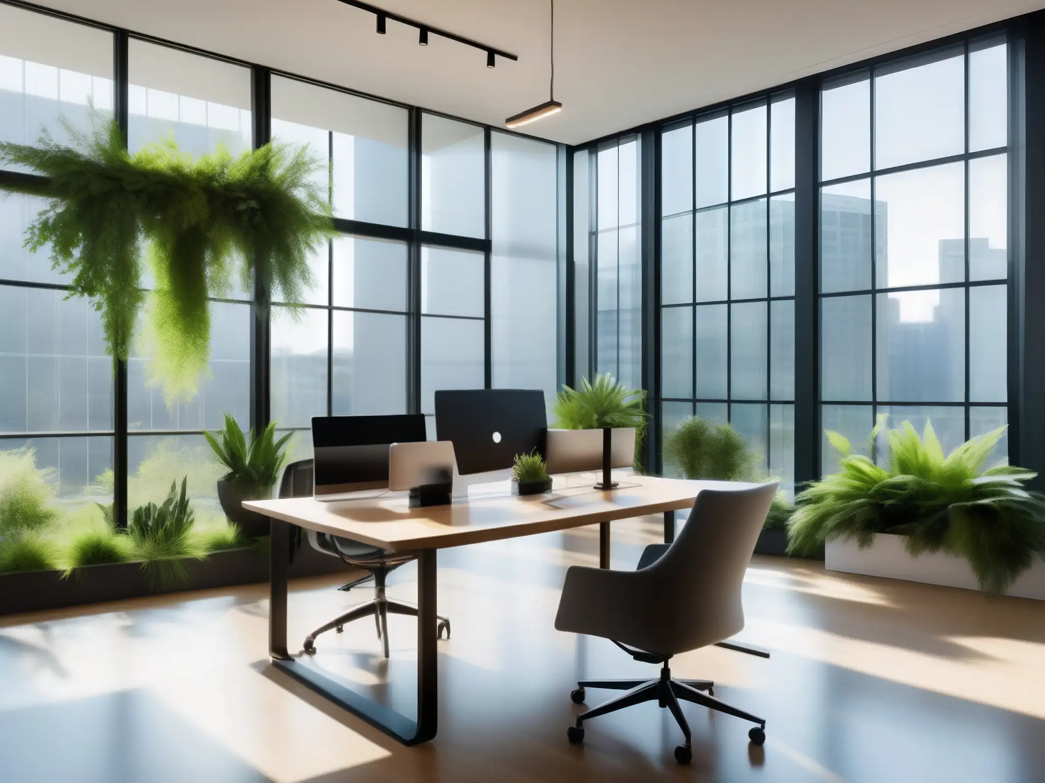 Oficina sostenible: moderna, ecológica y tecnológica Oficina sostenible con impacto IA para videoconferencias, con diseño moderno, tecnología eficiente y ambiente profesional