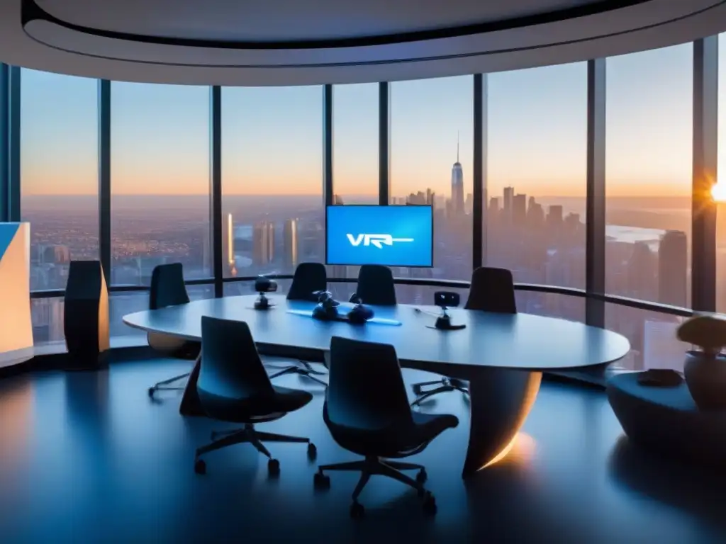 Futuro de negocios: Sala de conferencias con VR Oficina con tecnología de realidad virtual y videoconferencias en una ciudad