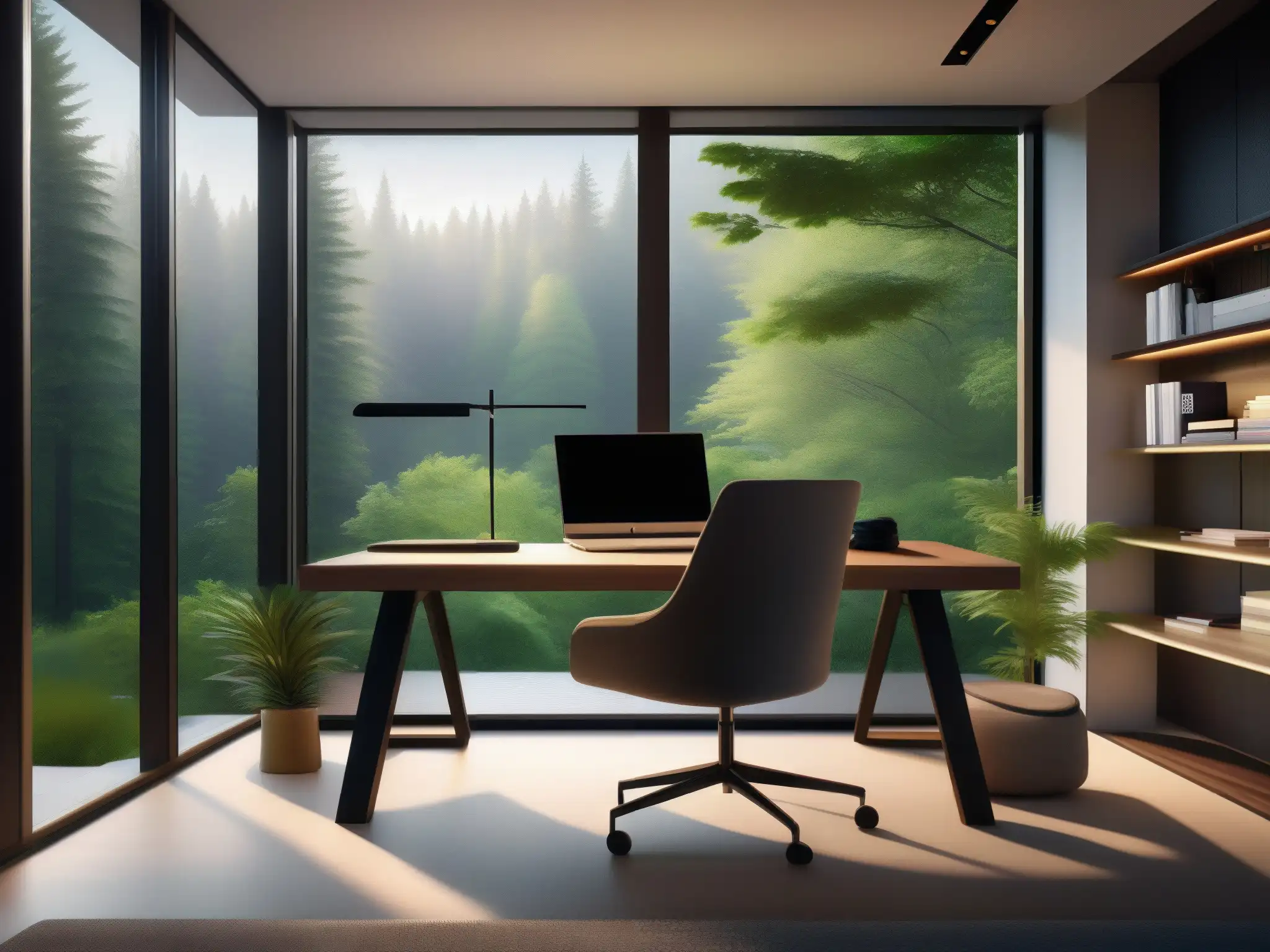 Oficina en casa moderna y serena con vista a bosque exuberante Oficina hogareña tranquila con vista panorámica a un bosque verde, ideal para efectos psicología videoconferencias trabajo remoto